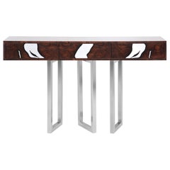 Contemporary Oxara Console Table in Walnut Root, Stainless Steel