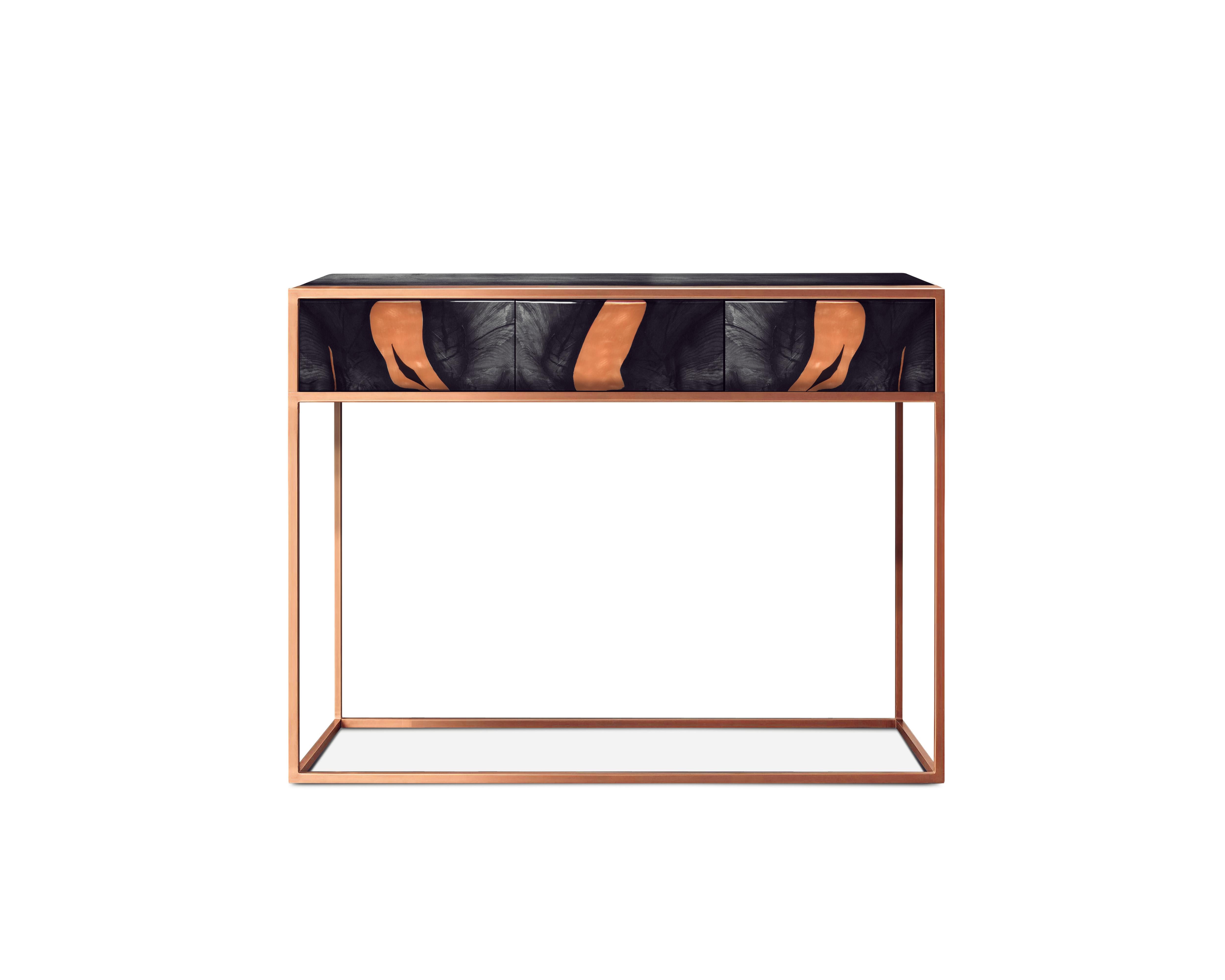 Latvian Contemporary Oxara Console Table with Oak Veneer in Brass, Copper Inlay For Sale