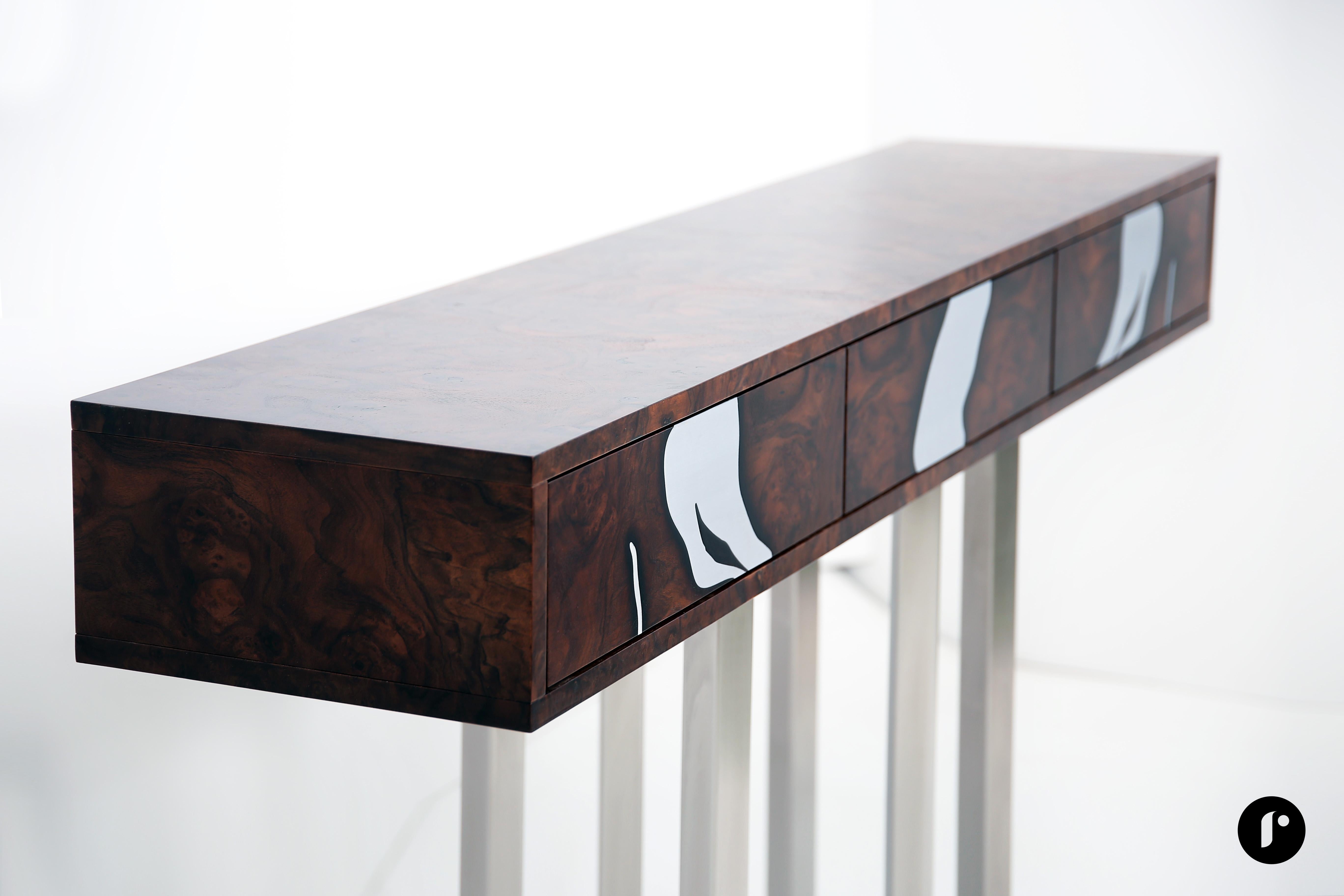 Contemporary Oxara Console Table with Walnut Veneer, Copper Inlay For Sale 1