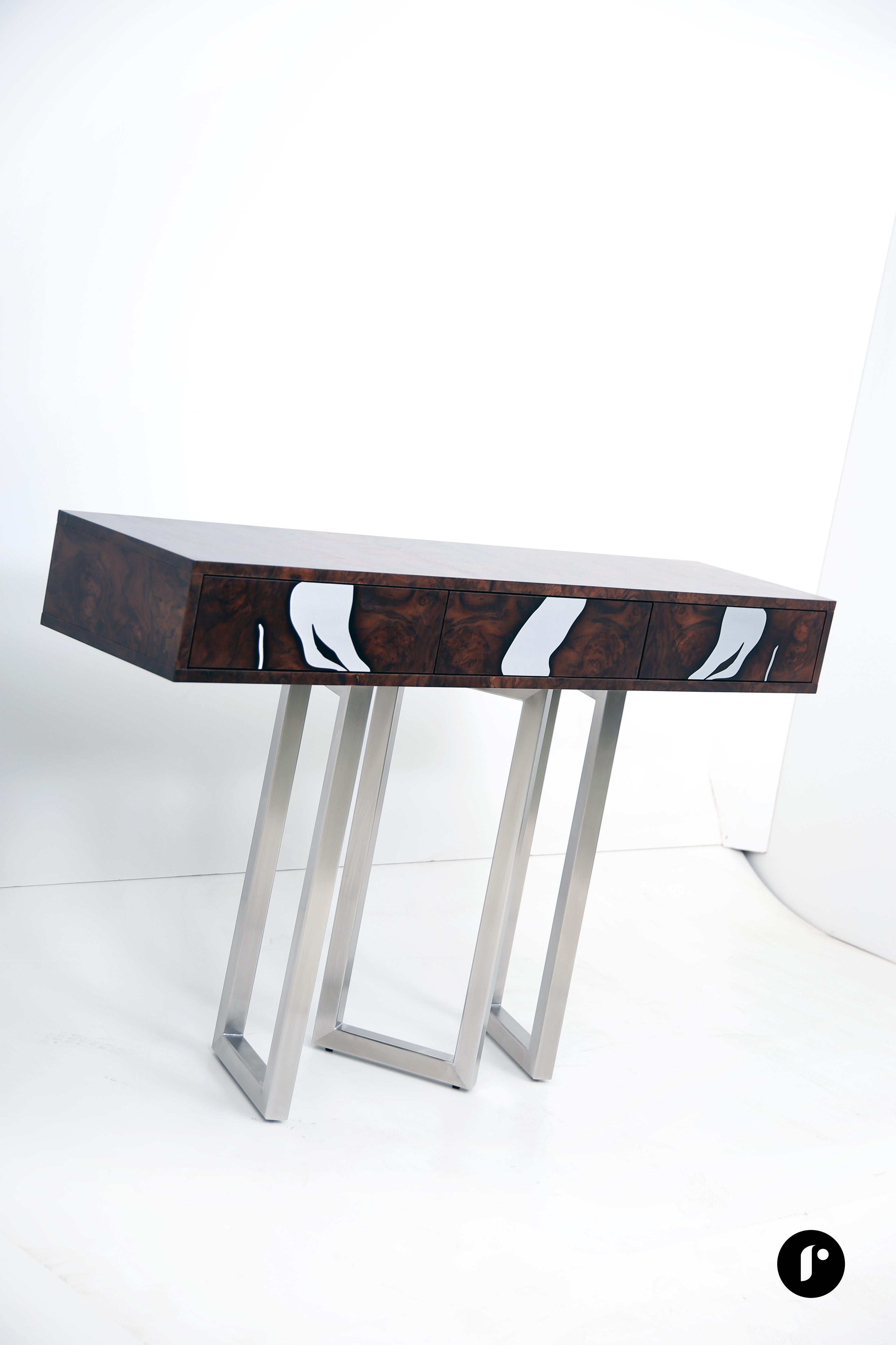 Contemporary Oxara Console Table with Walnut Veneer, Copper Inlay For Sale 2