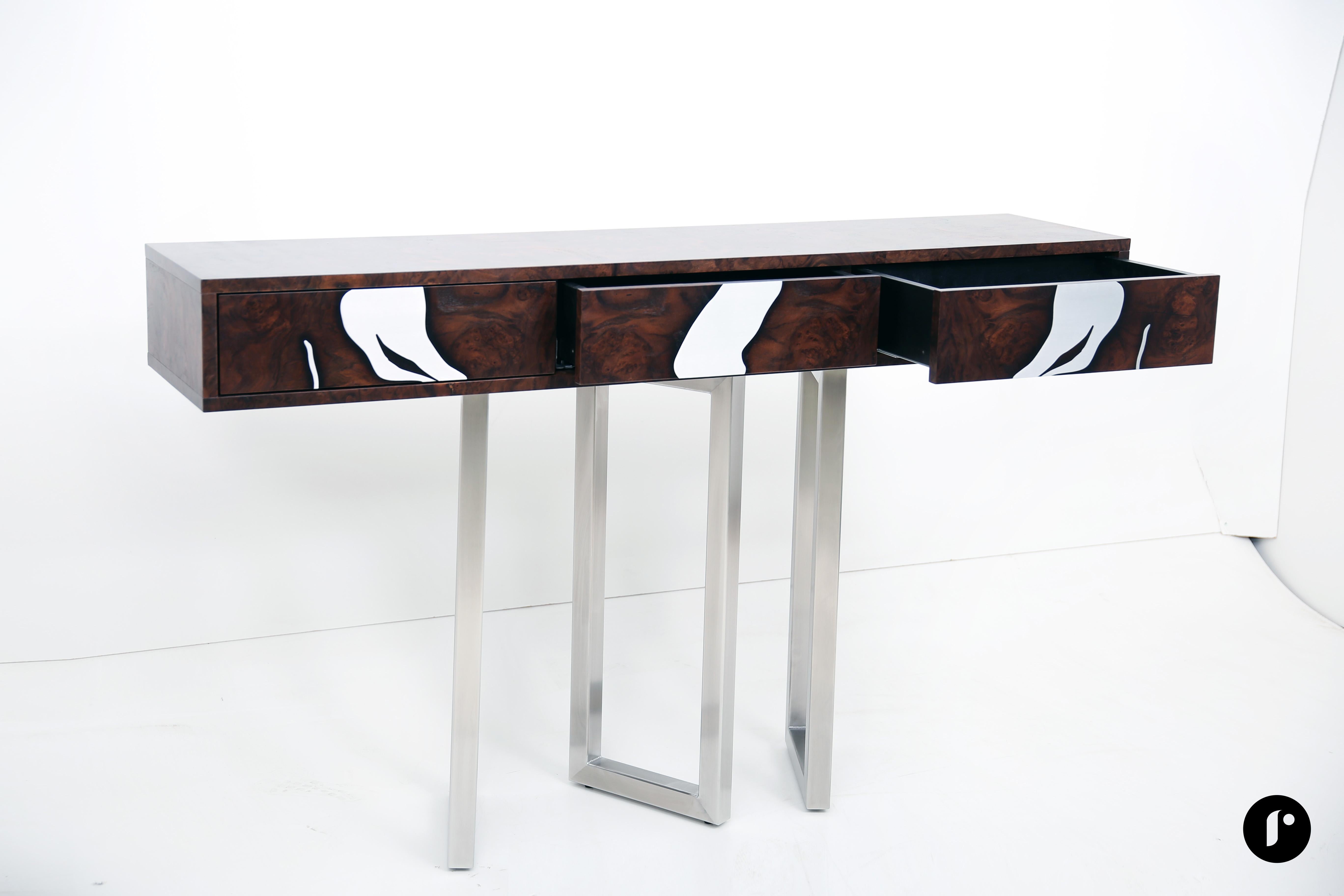 Contemporary Oxara Console Table with Walnut Veneer, Copper Inlay For Sale 3