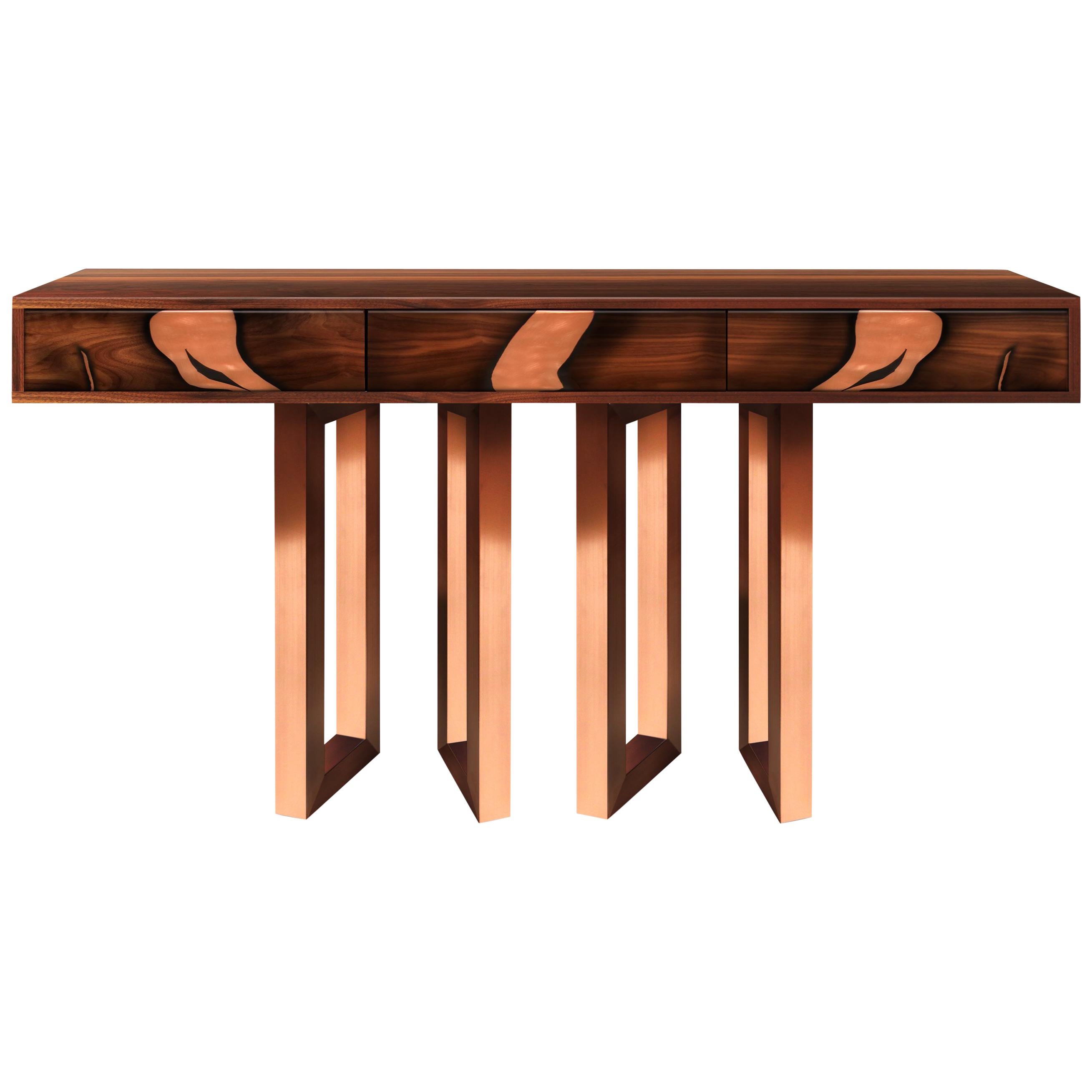 Contemporary Oxara Console Table with Walnut Veneer, Copper Inlay For Sale