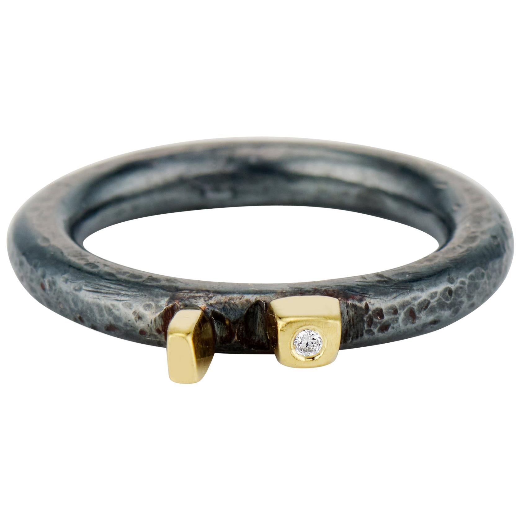 Contemporary Oxidized Sterling Silver, Yellow Gold and Diamond Cubist Band Ring
