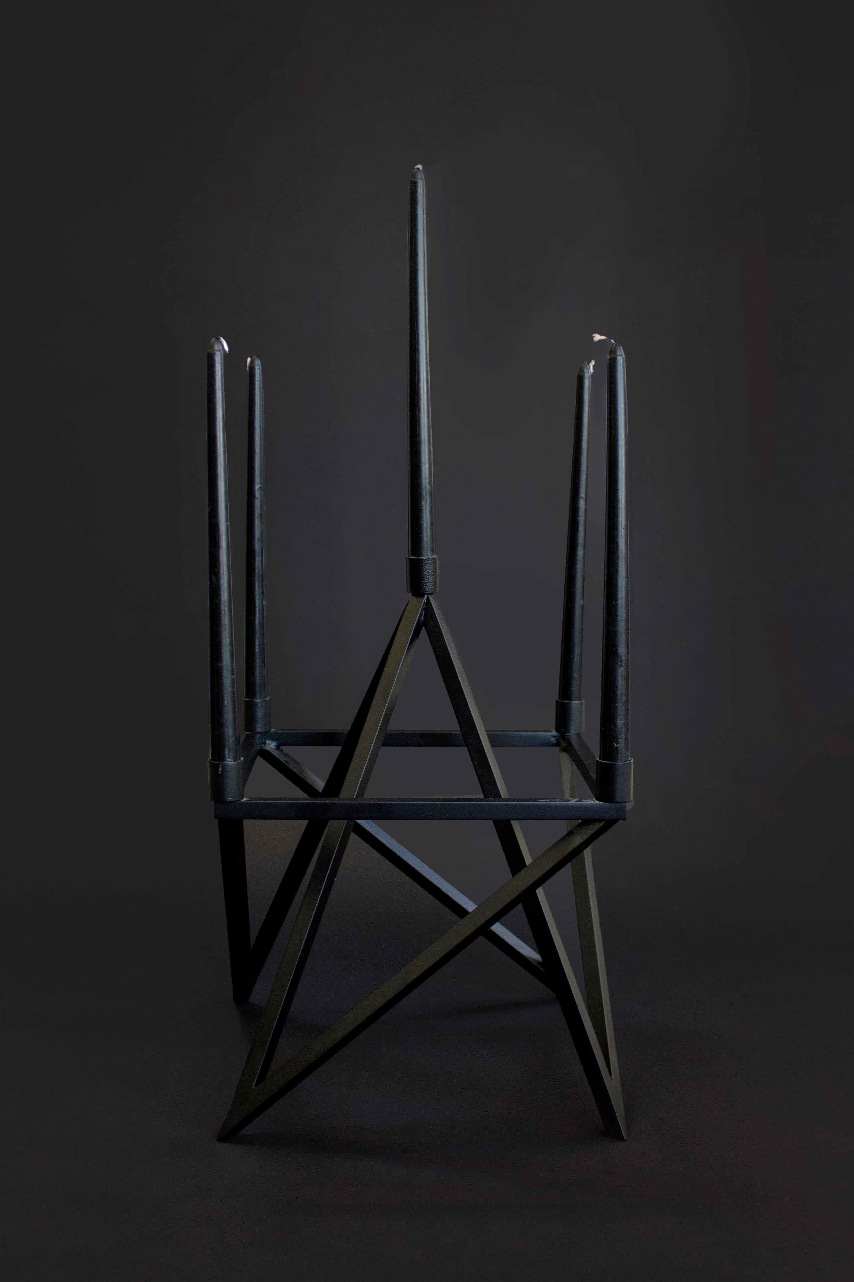 Material Lust [American, b. 1981,1986]
Pagan Candelabra, 2014 
Shown in black powder coated steel, brushed brass and nickel. 
Holds five 1