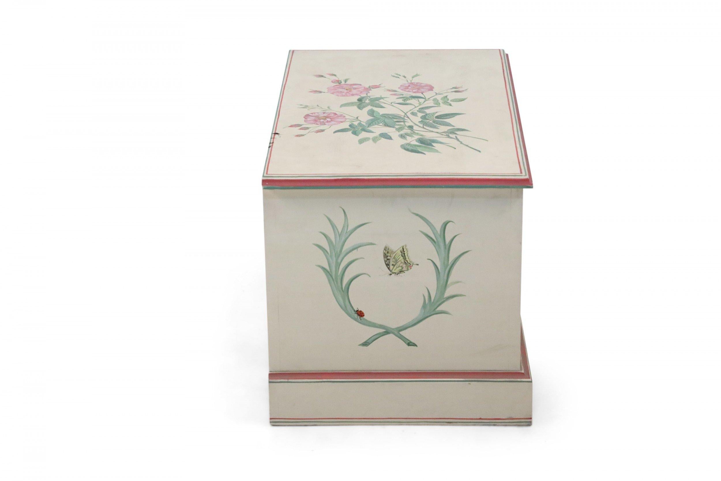 20th Century Contemporary Painted Beige and Floral Floor Trunk For Sale
