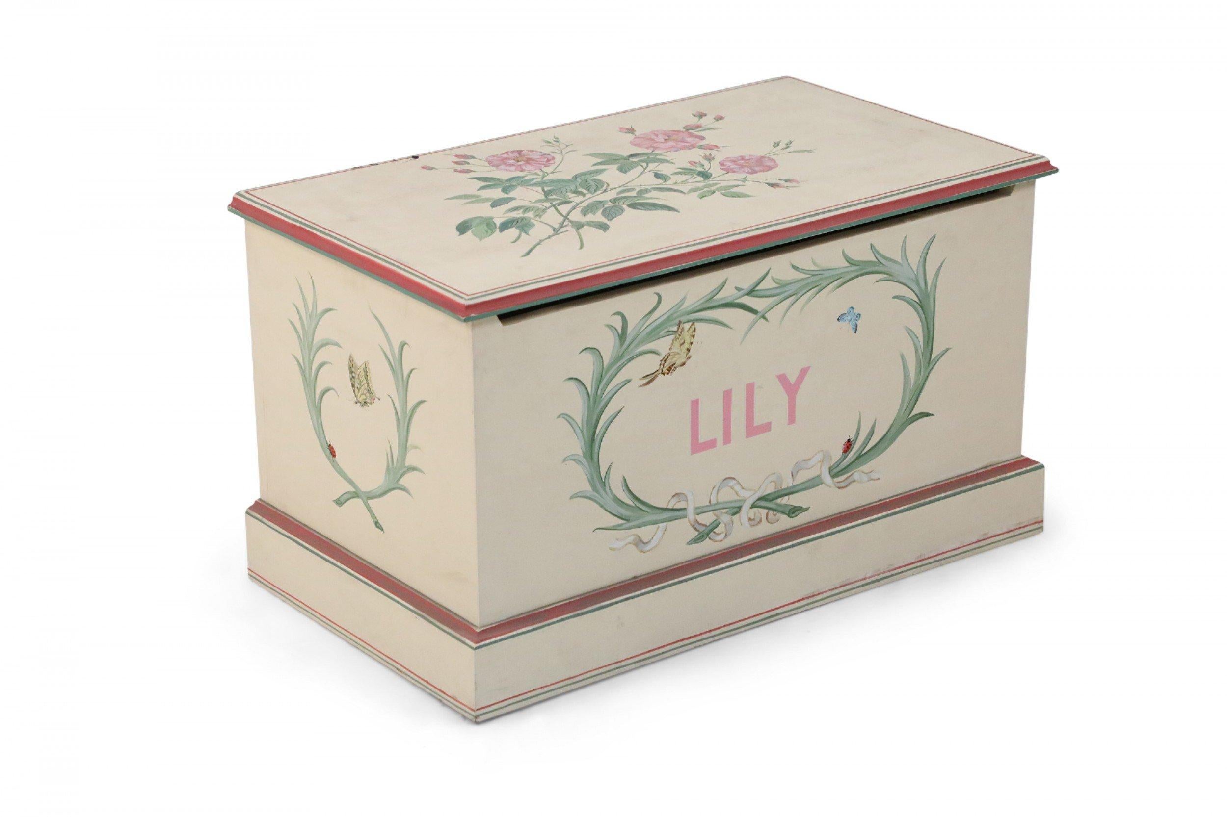Wood Contemporary Painted Beige and Floral Floor Trunk For Sale