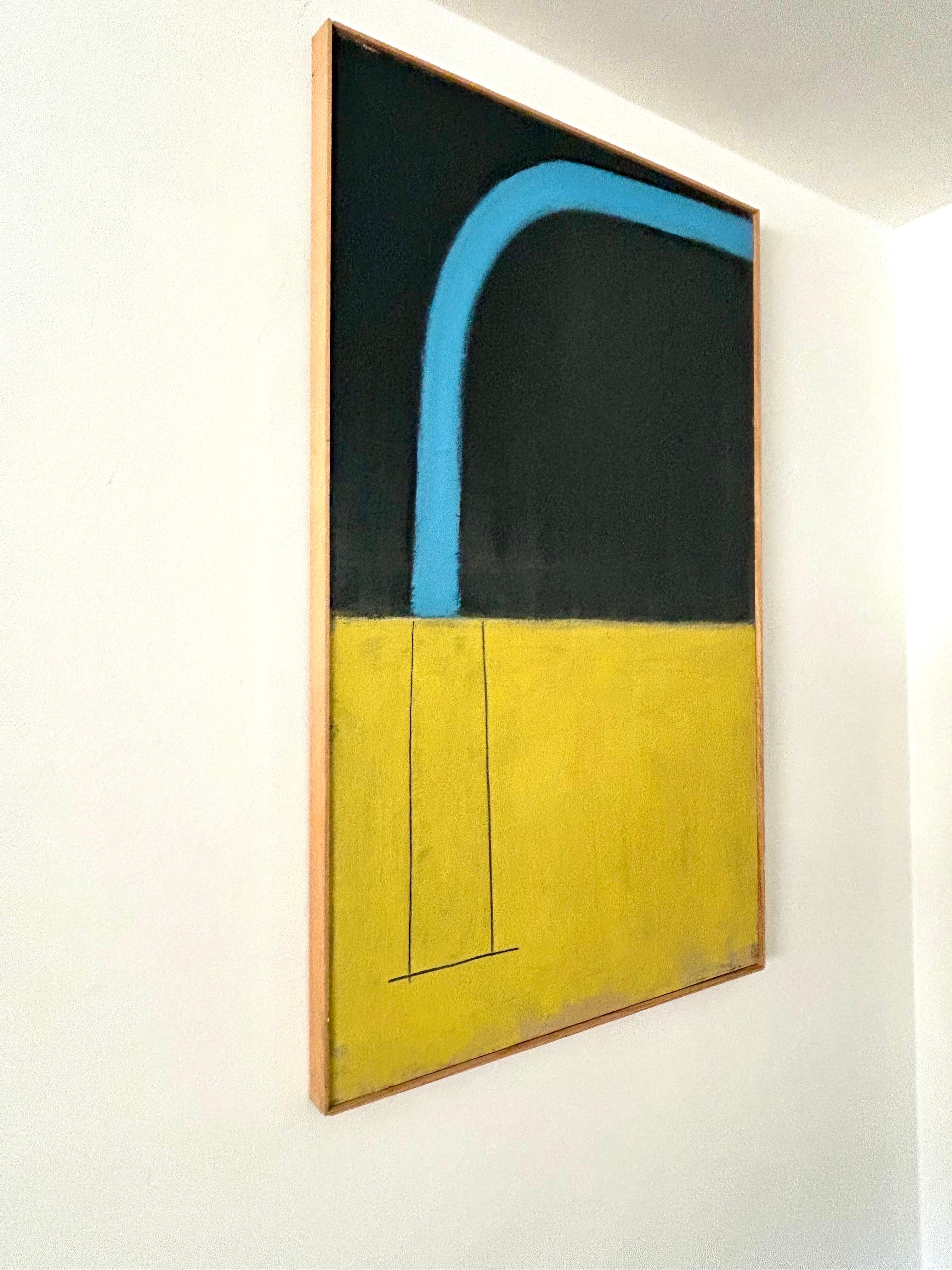 Obra de arte original.
Pintado a mano con líneas talladas, óleo y gesso negro sobre lienzo con bastidor de madera fina.
El continuo arte + diseño de la teoría del color, la forma, el espacio y la textura.
