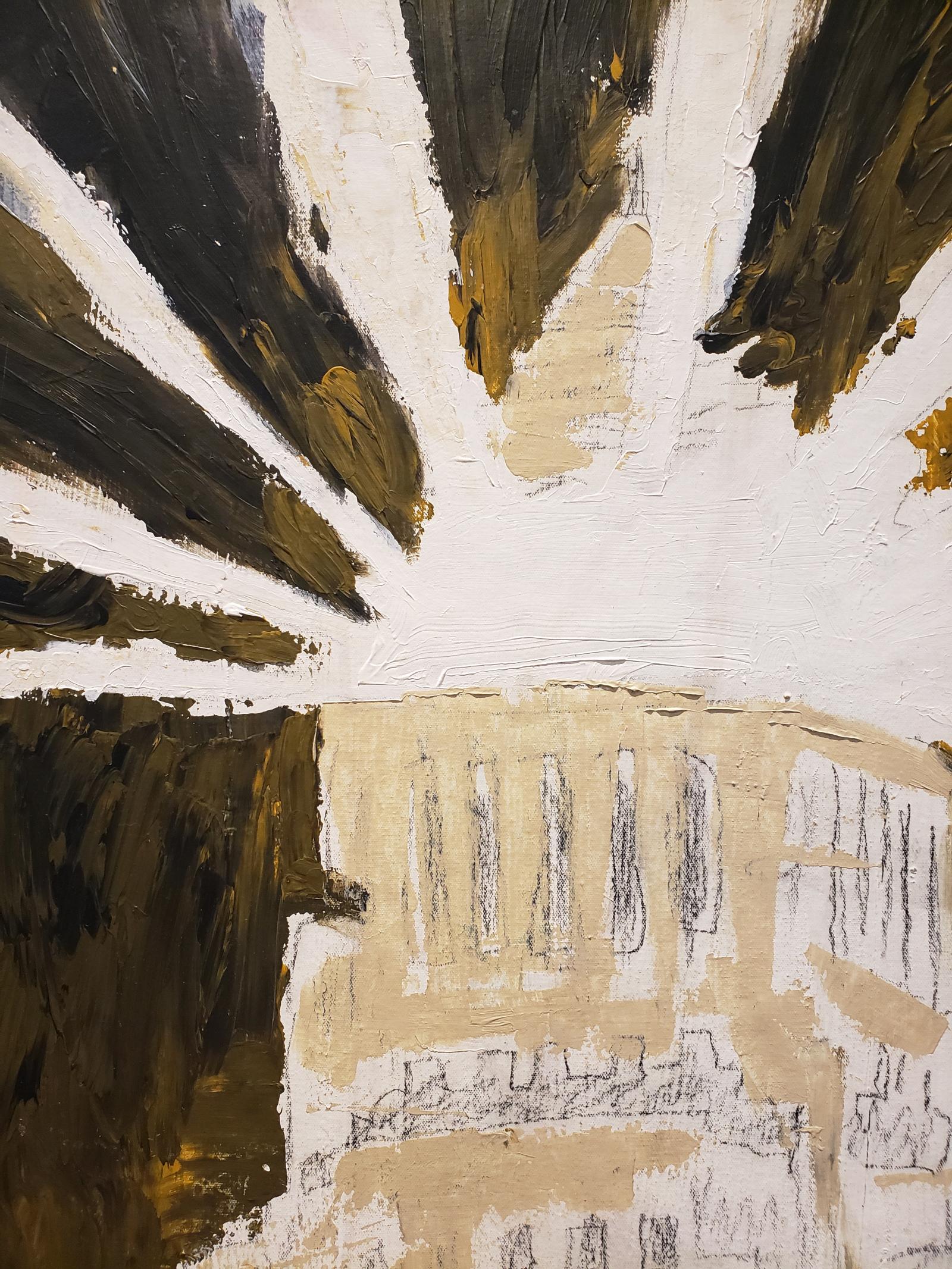 Painting inspired by a 1936 photograph of Los Angeles city hall by artist Lionel Lamy. Rough pencil sketch accentuated by rich, thick mix of tan green and black paint. Acrylic and pencil on canvas. Measures: 26