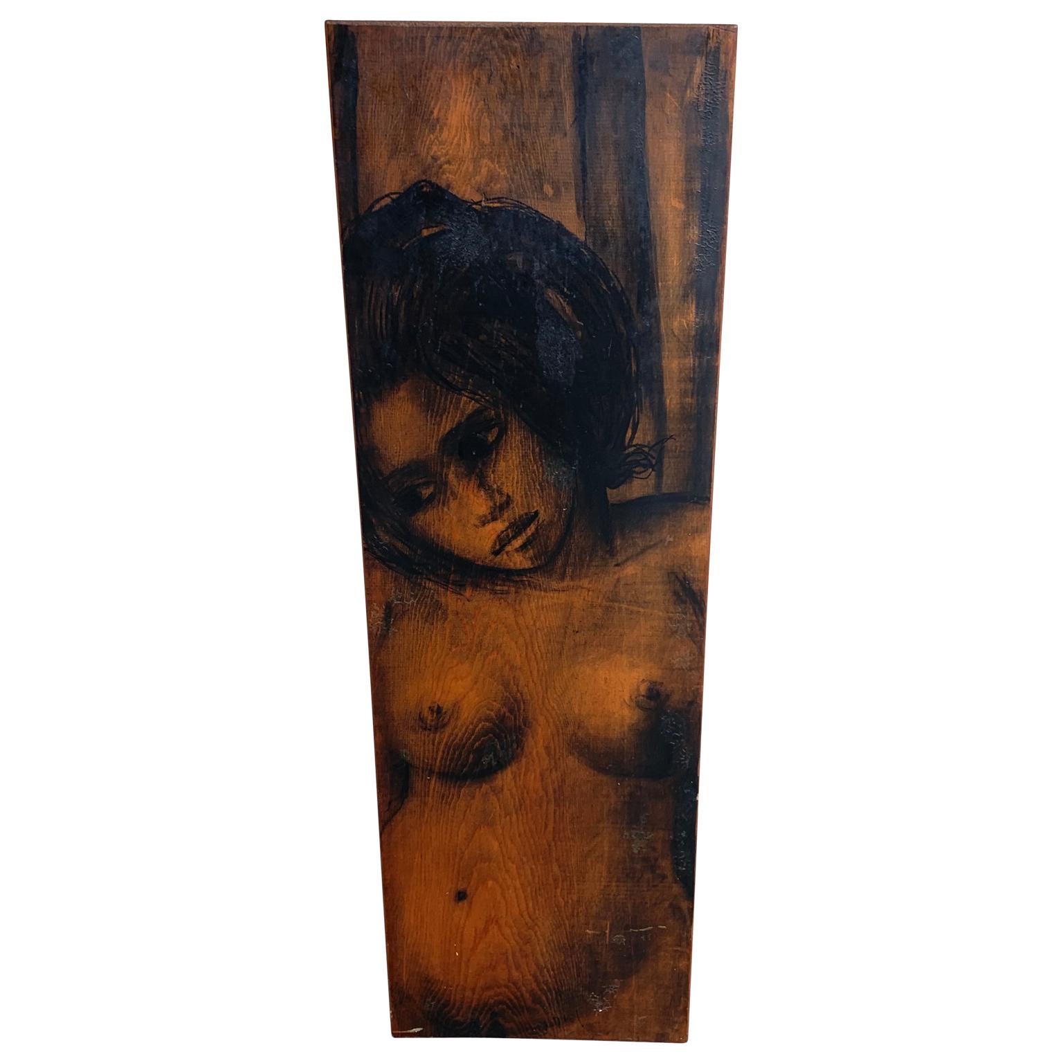 American Modern Oil on Wood Painting of Nude Woman