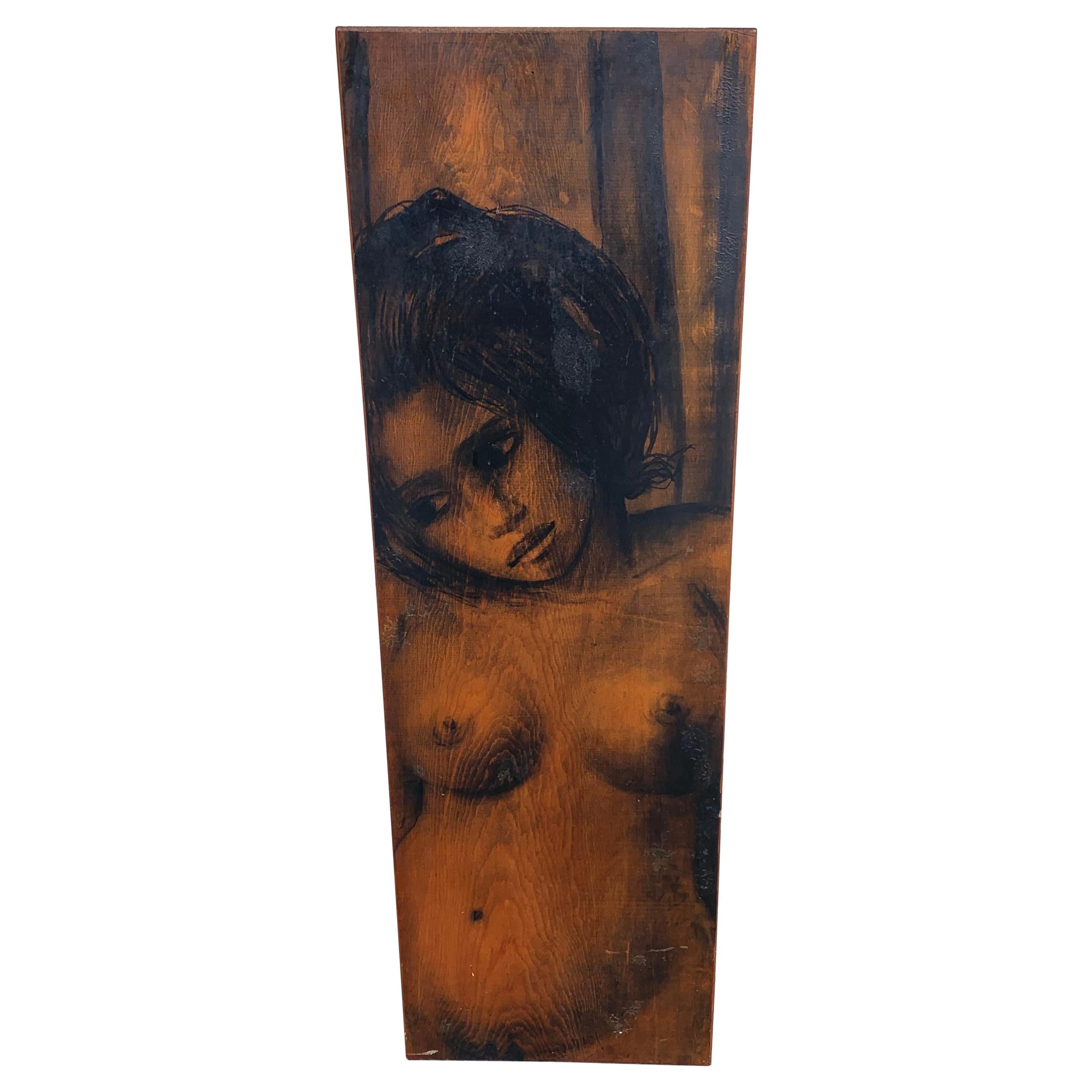 Modern Oil on Wood Painting of Nude Woman