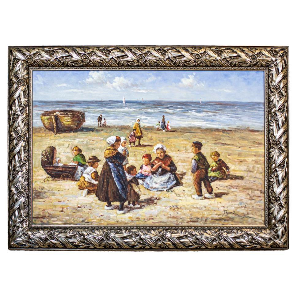 Contemporary Painting with Genre Scene, Framed Oil on Canvas