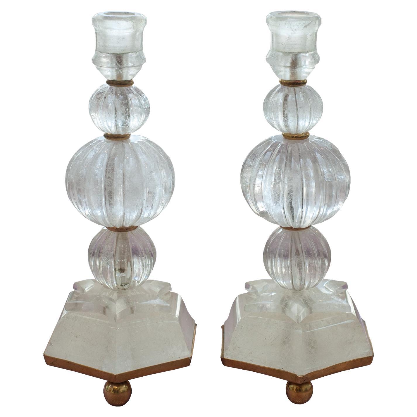 Contemporary Pair Clear Rock Crystal Quartz Candlesticks with Star Motif For Sale