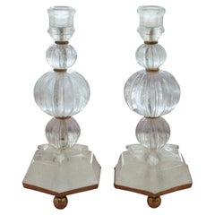 Contemporary Pair Clear Rock Crystal Quartz Candlesticks with Star Motif