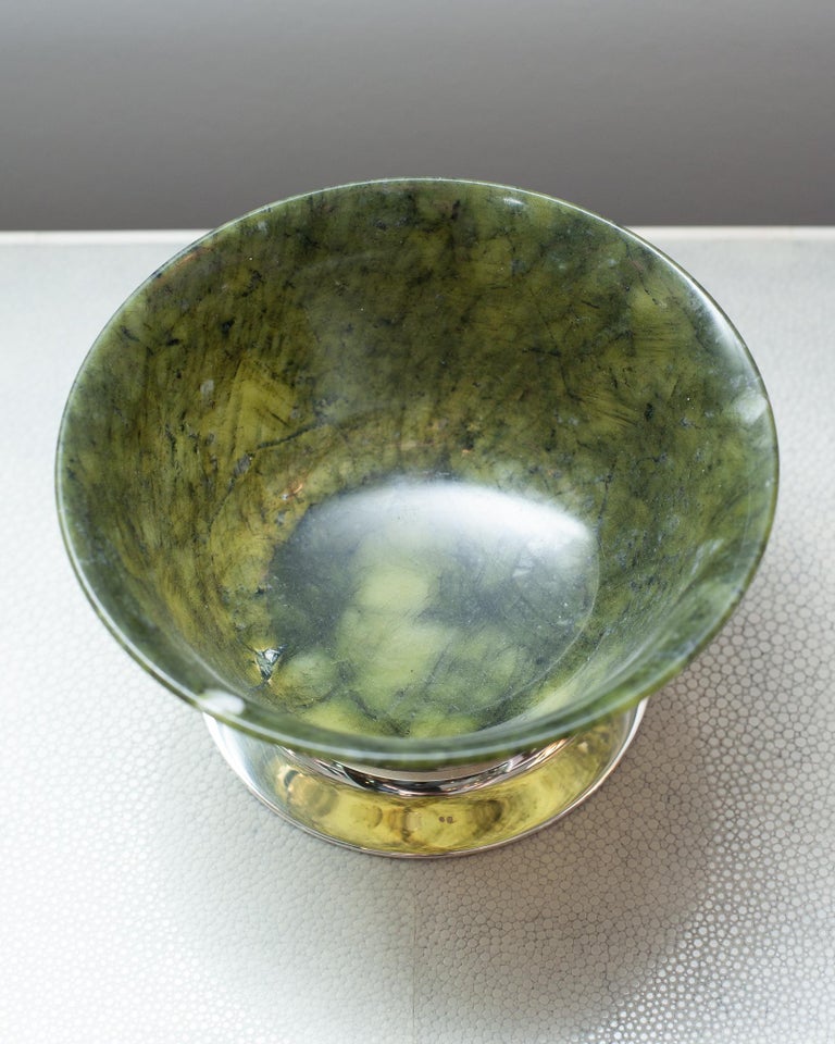 Contemporary Pair Green Jade Bowls on Handmade Sterling Silver Bases