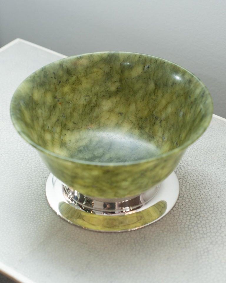 Contemporary Pair Green Jade Bowls on Handmade Sterling Silver Bases