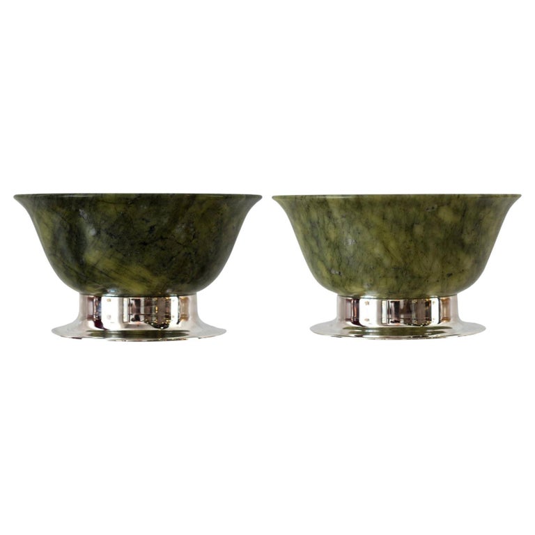 Contemporary Pair Green Jade Bowls on Handmade Sterling Silver Bases