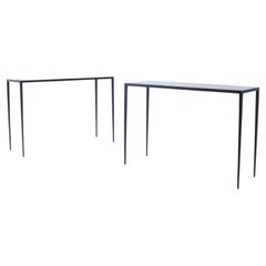 Contemporary pair iron and parchment console tables, manner of Jean-Michel Frank