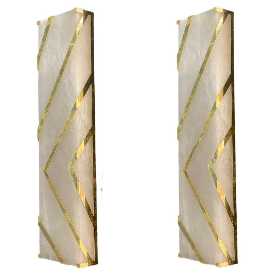 Contemporary Pair Italian Alabaster Marble and brass Wall Lights or Sconces