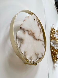 Contemporary Pair of Alabaster Circle Brass Sconces, Italy