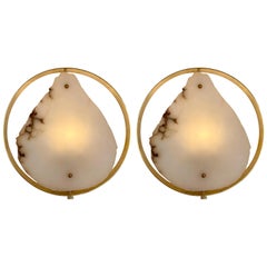 Contemporary Pair of Alabaster Circle Brass Sconces, Italy