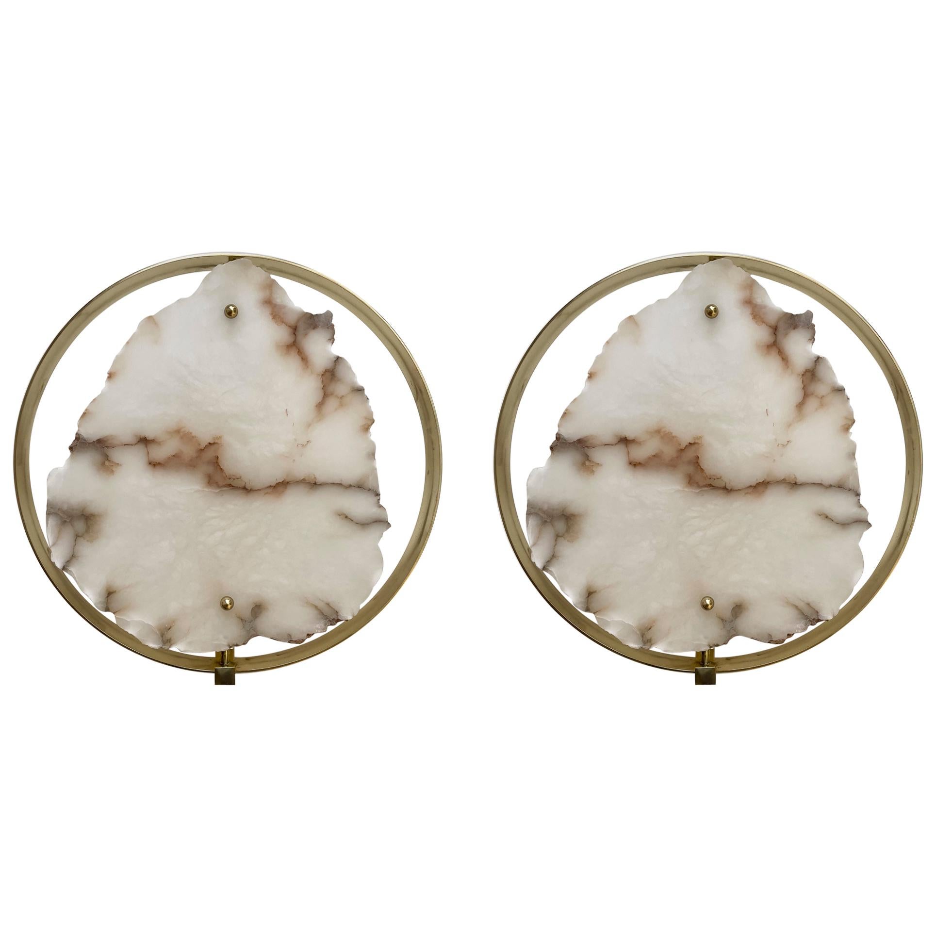 Contemporary Pair of Alabaster Circle Brass Sconces, Italy For Sale