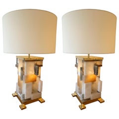 Contemporary Pair of Alabaster Gilt Metal Cubismi Lamps by Cagianelli, Italy