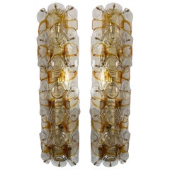 Contemporary Pair of Amber Pennellate Murano Glass and Brass Sconces, Italy