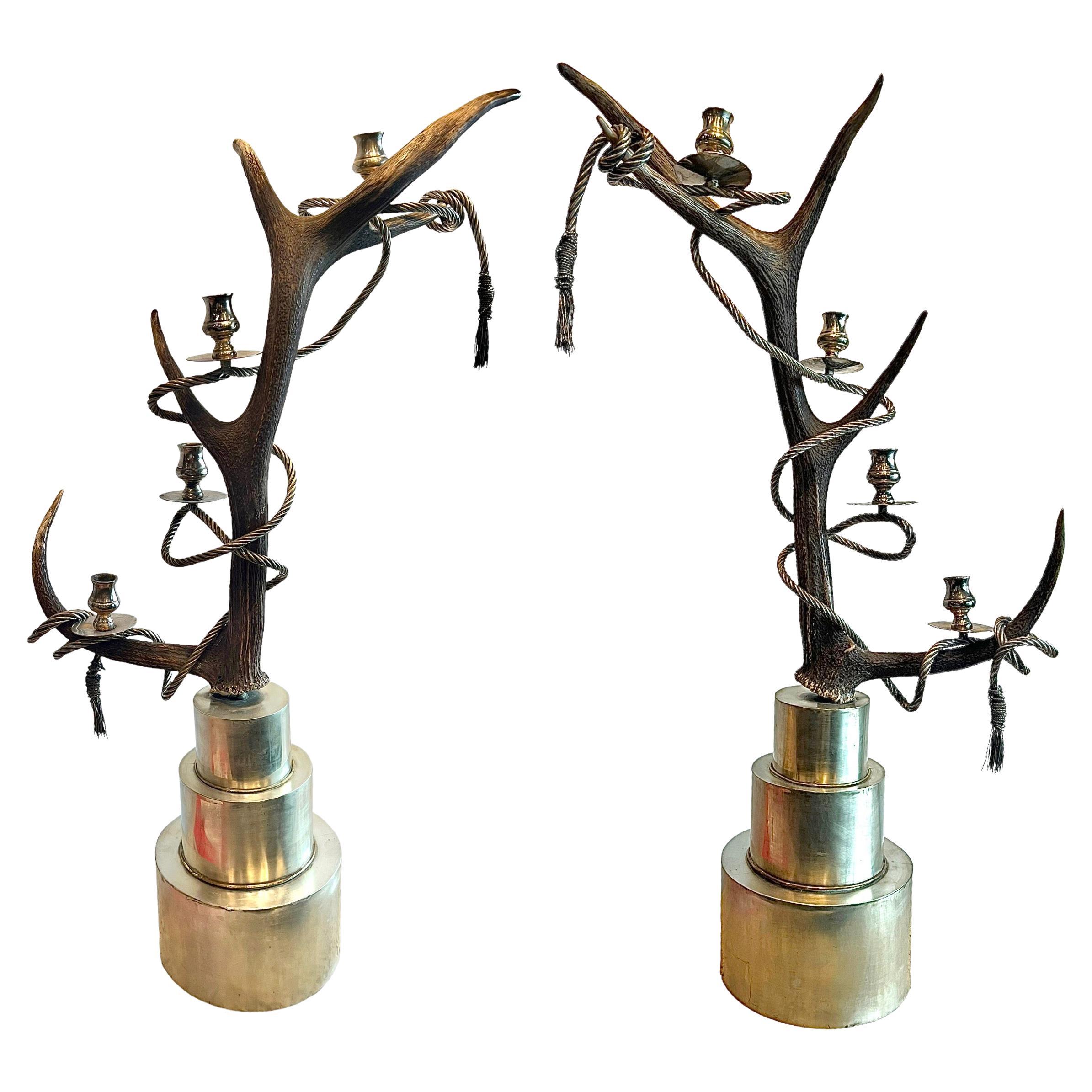 Contemporary Pair of Antler Candelabras by Anthony Redmile, Mid-Century Modern For Sale