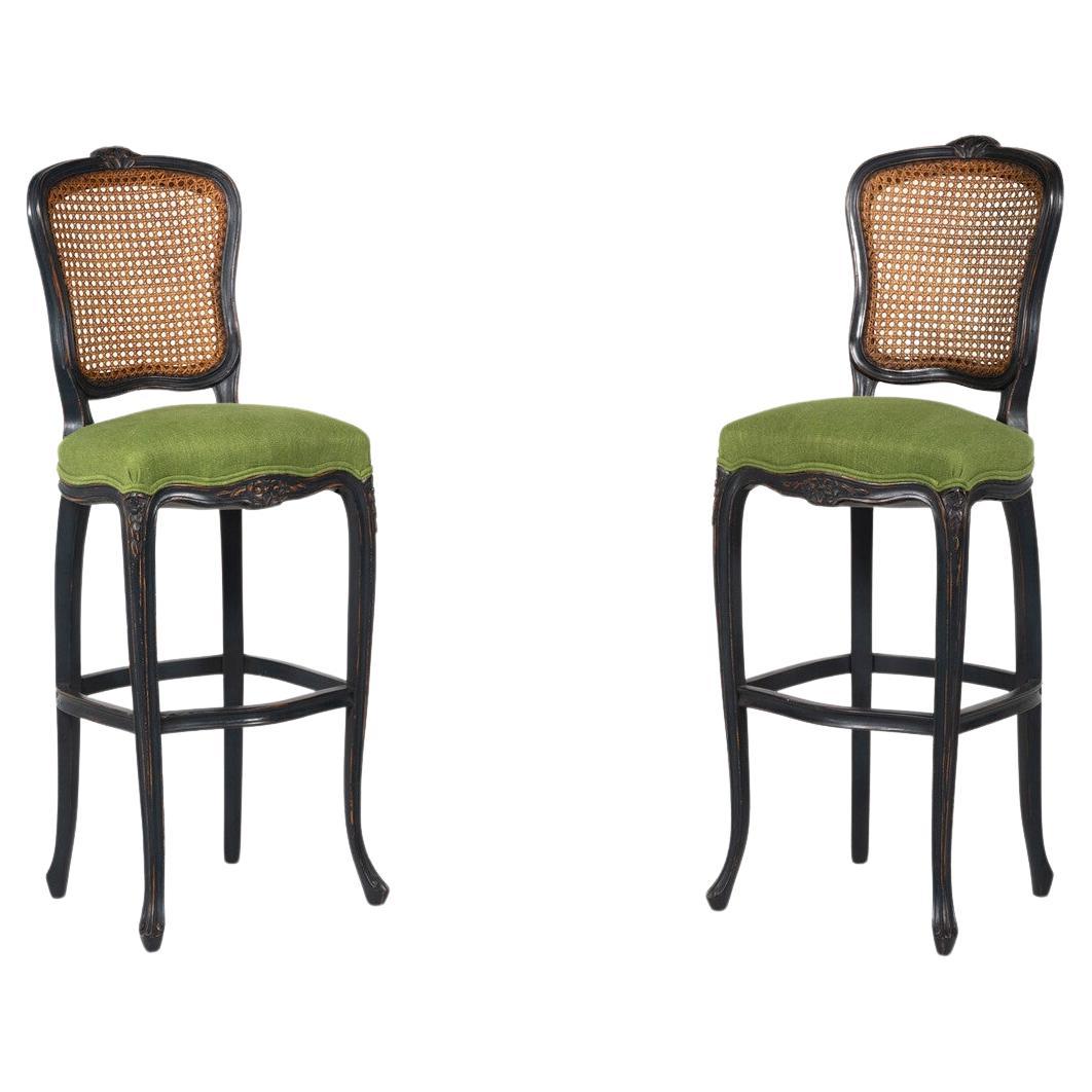 Contemporary Pair of Bar Stools Louis XV Style, Green Fabric, Belgium