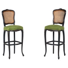 Pareja de taburetes de bar contemporáneos estilo Luis XV, tela verde, Bélgica