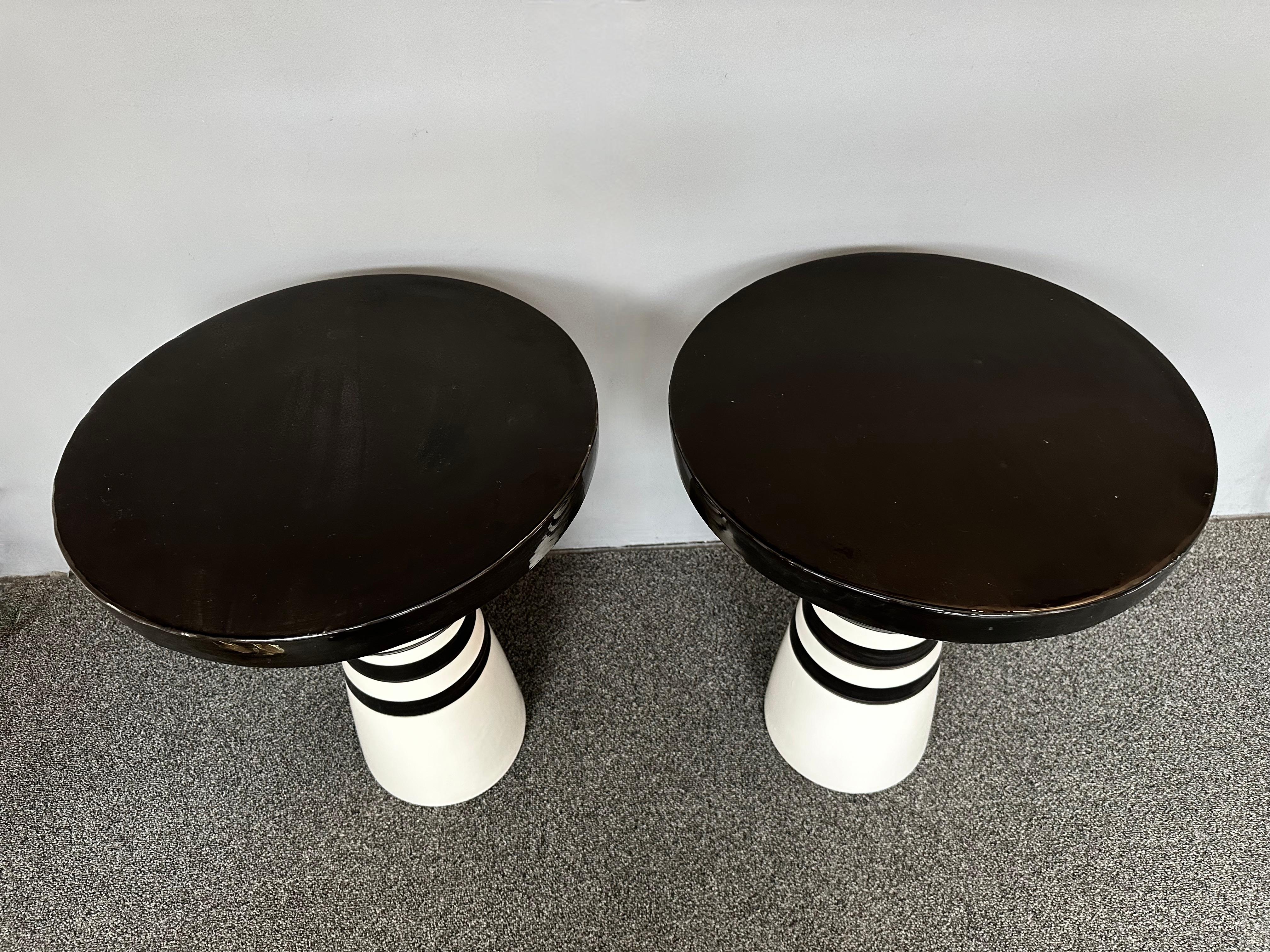 Contemporary Pair of Black and White Ceramic Stripe Side Tables. Italy For Sale 5