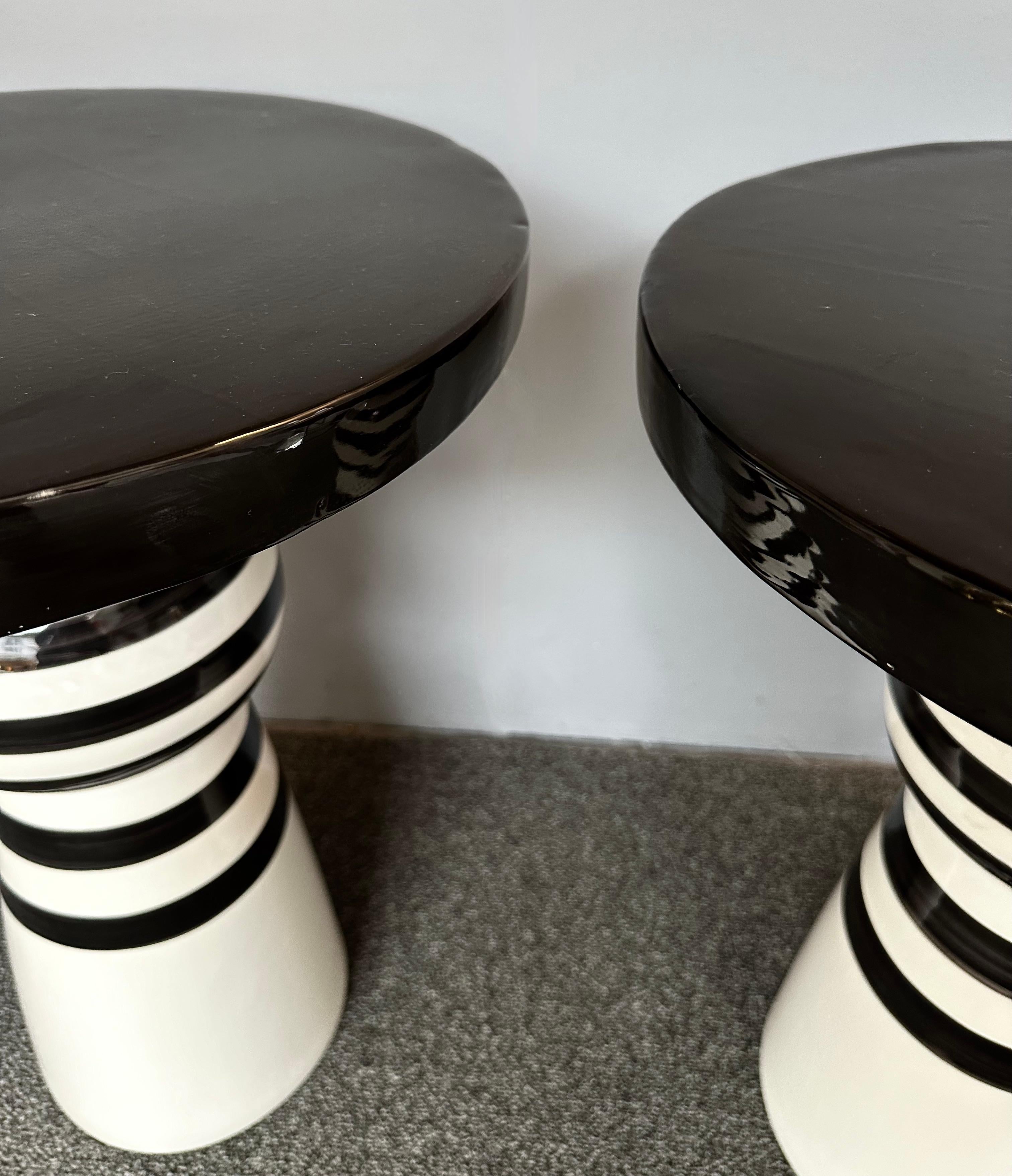 Contemporary Pair of Black and White Ceramic Stripe Side Tables. Italy For Sale 7
