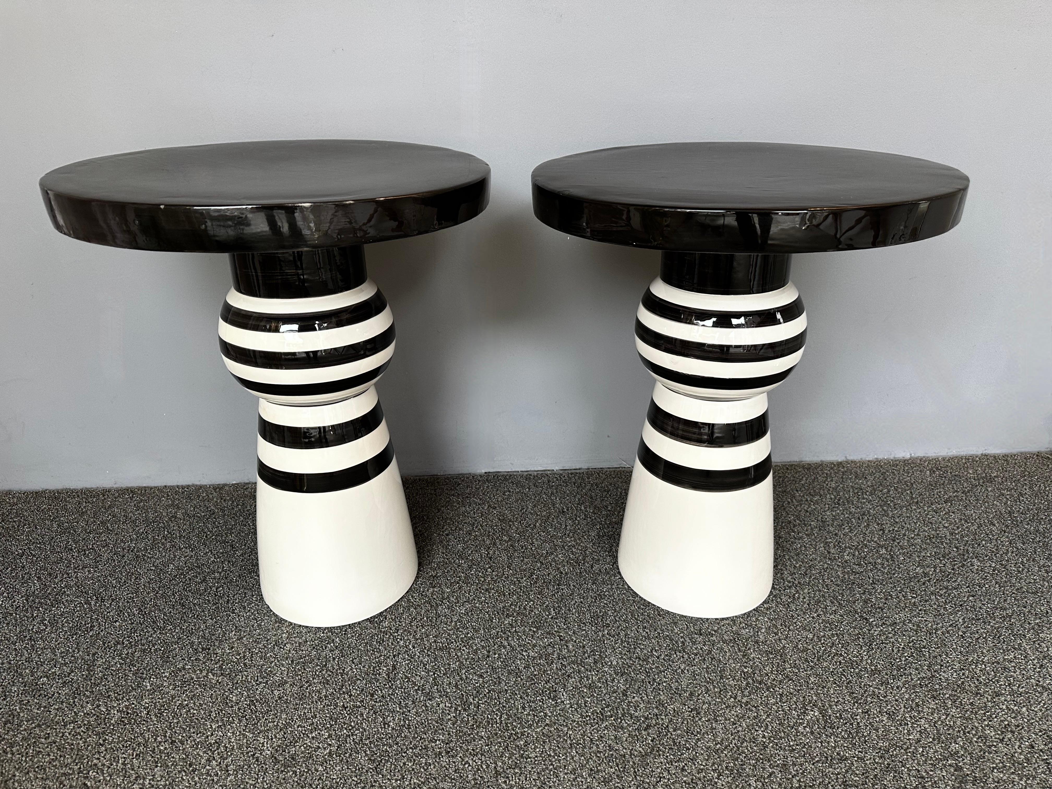 Italian Contemporary Pair of Black and White Ceramic Stripe Side Tables. Italy For Sale