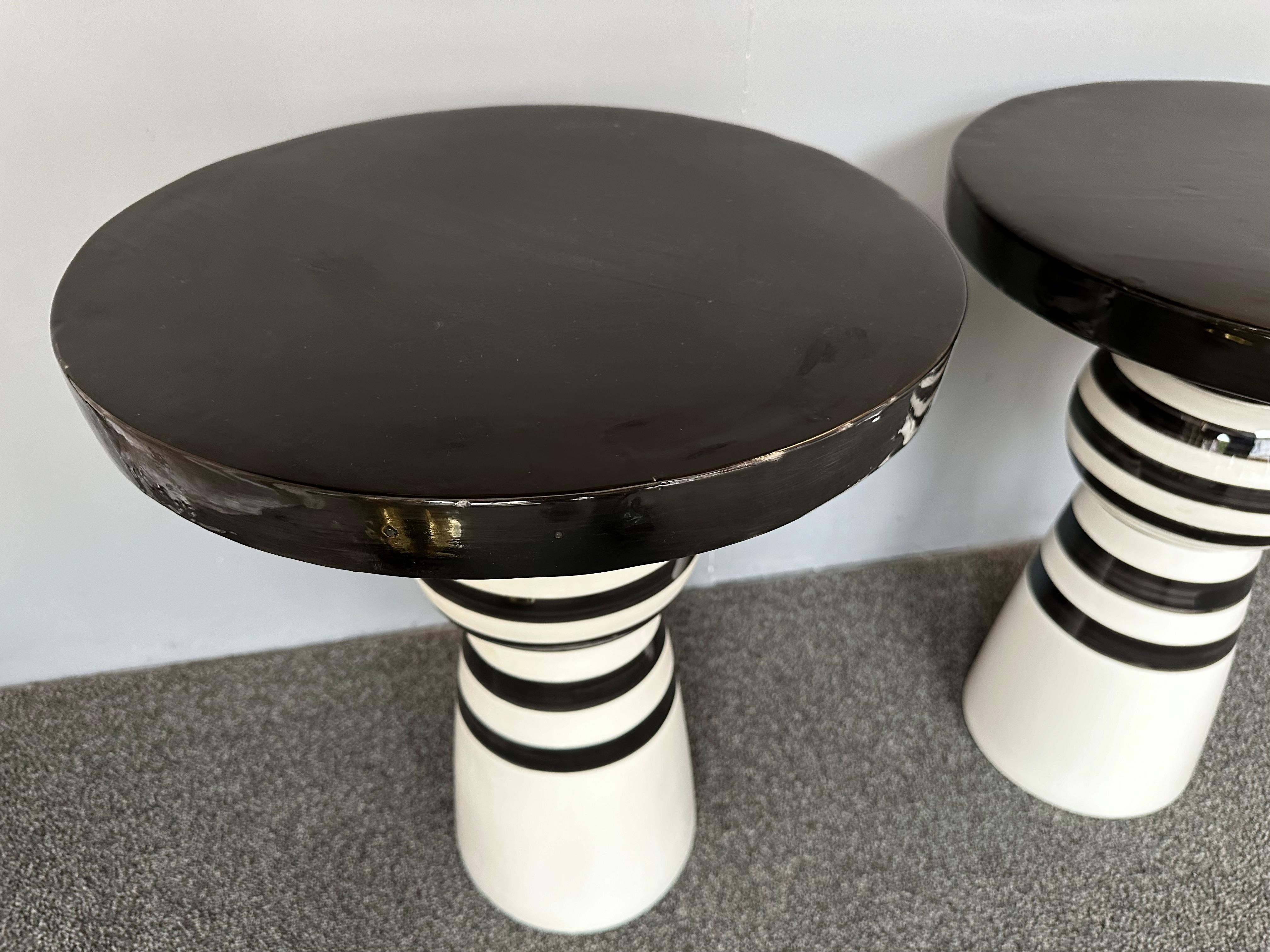 Contemporary Pair of Black and White Ceramic Stripe Side Tables. Italy For Sale 1