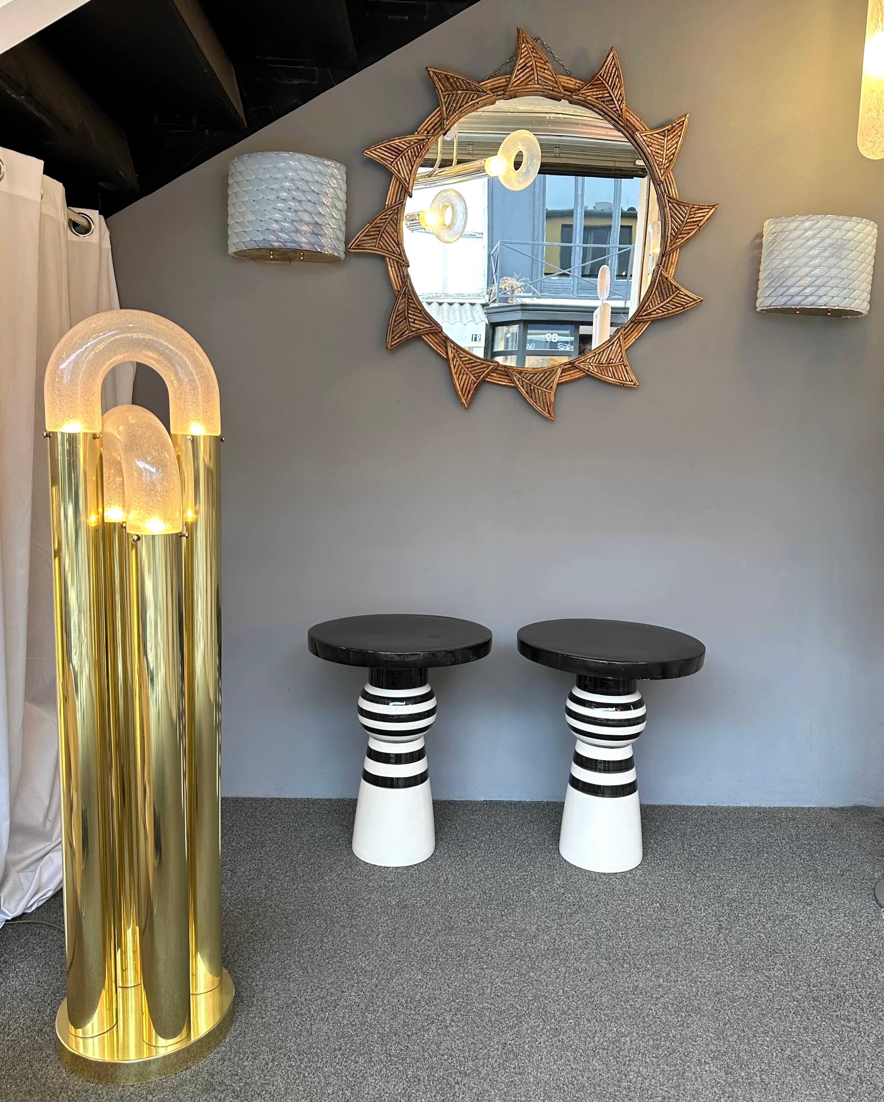 Contemporary Pair of Black and White Ceramic Stripe Side Tables. Italy For Sale 2