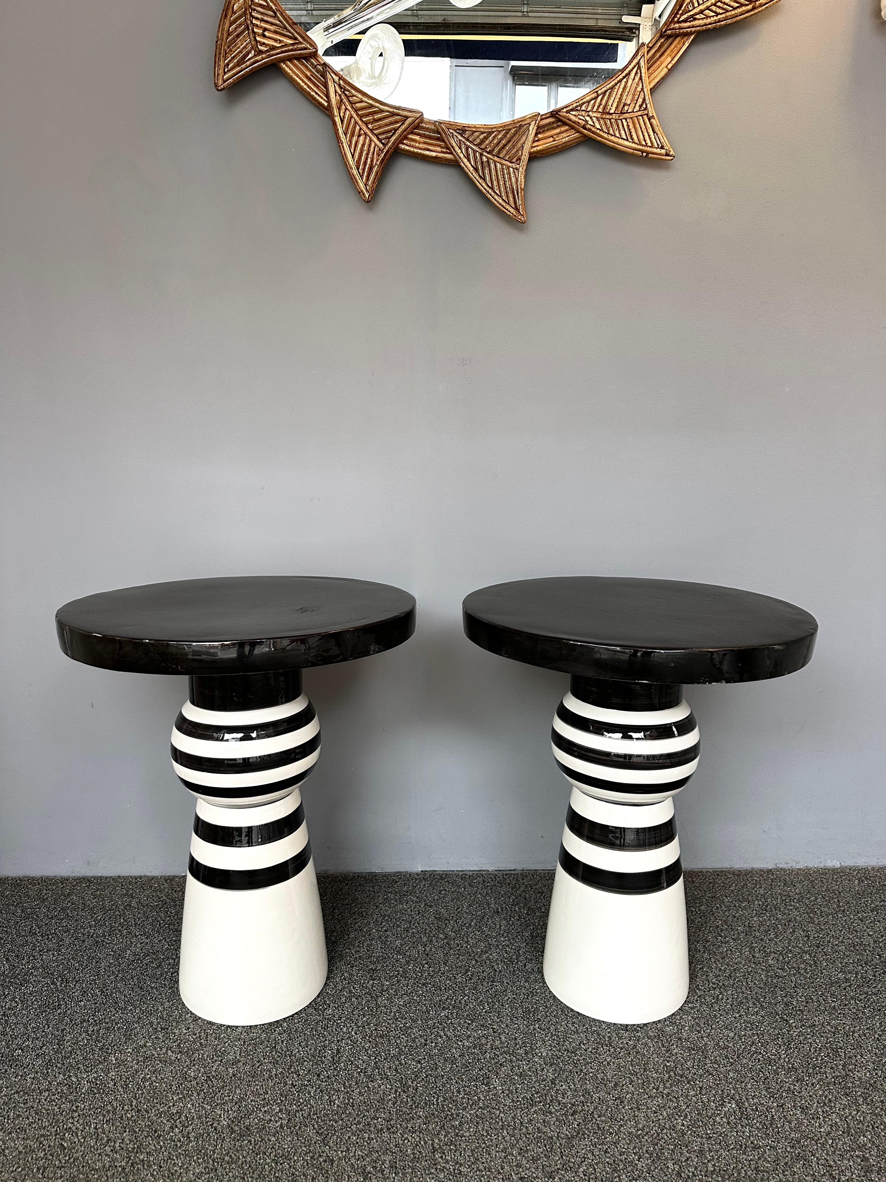 Contemporary Pair of Black and White Ceramic Stripe Side Tables. Italy For Sale 3