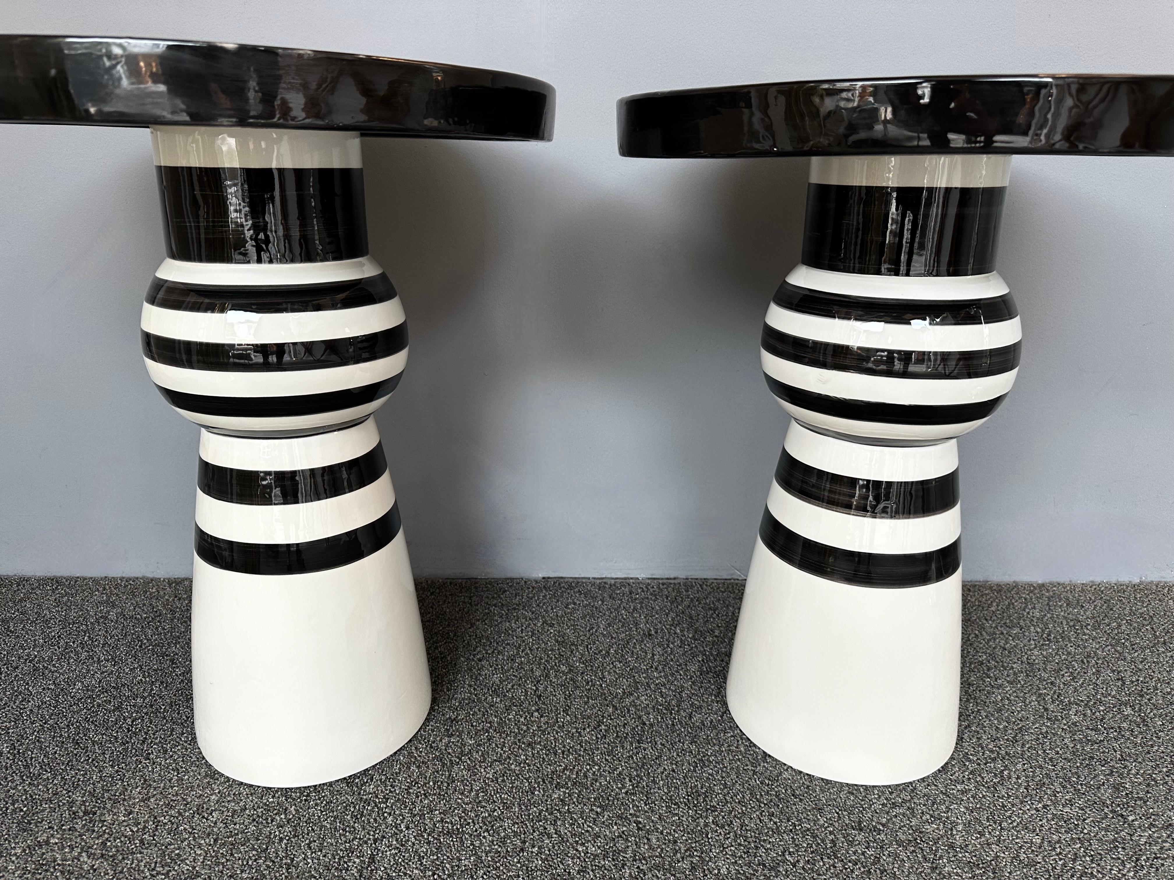 Contemporary Pair of Black and White Ceramic Stripe Side Tables. Italy For Sale 4