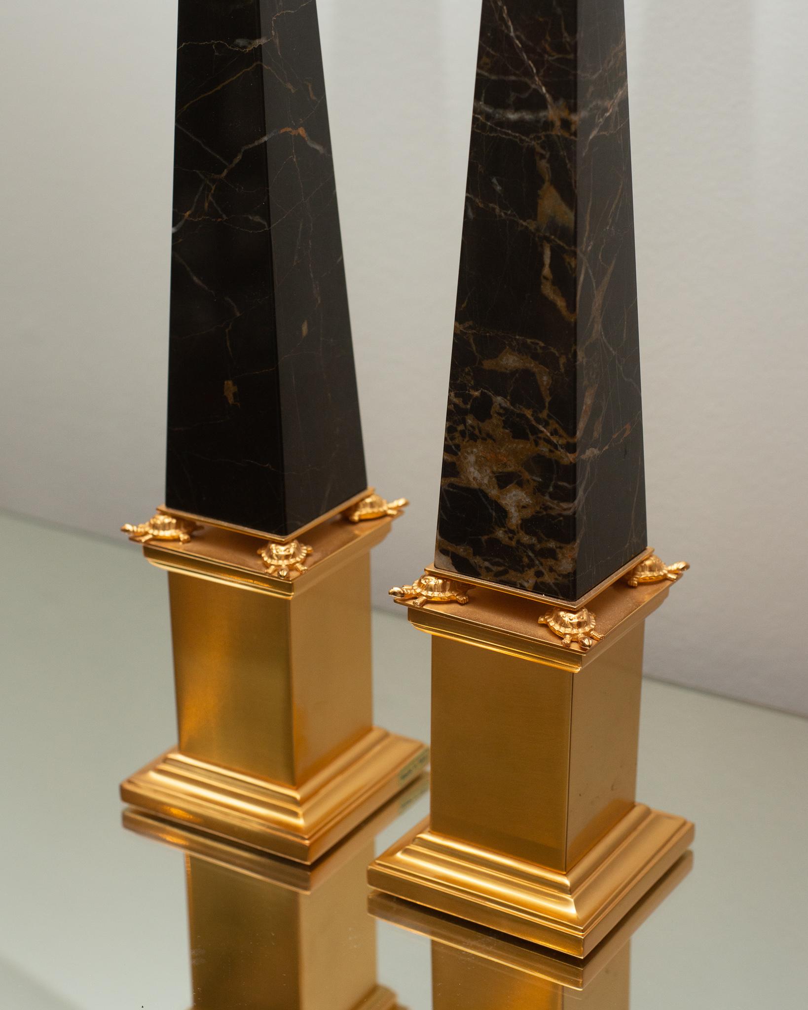 Contemporary Pair of Black & Gold St. Laurent Marble and Bronze Obelisks In New Condition For Sale In Toronto, ON