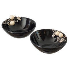 Contemporary Pair of Black Horn Bowls with Sterling Silver Leaves and Berries