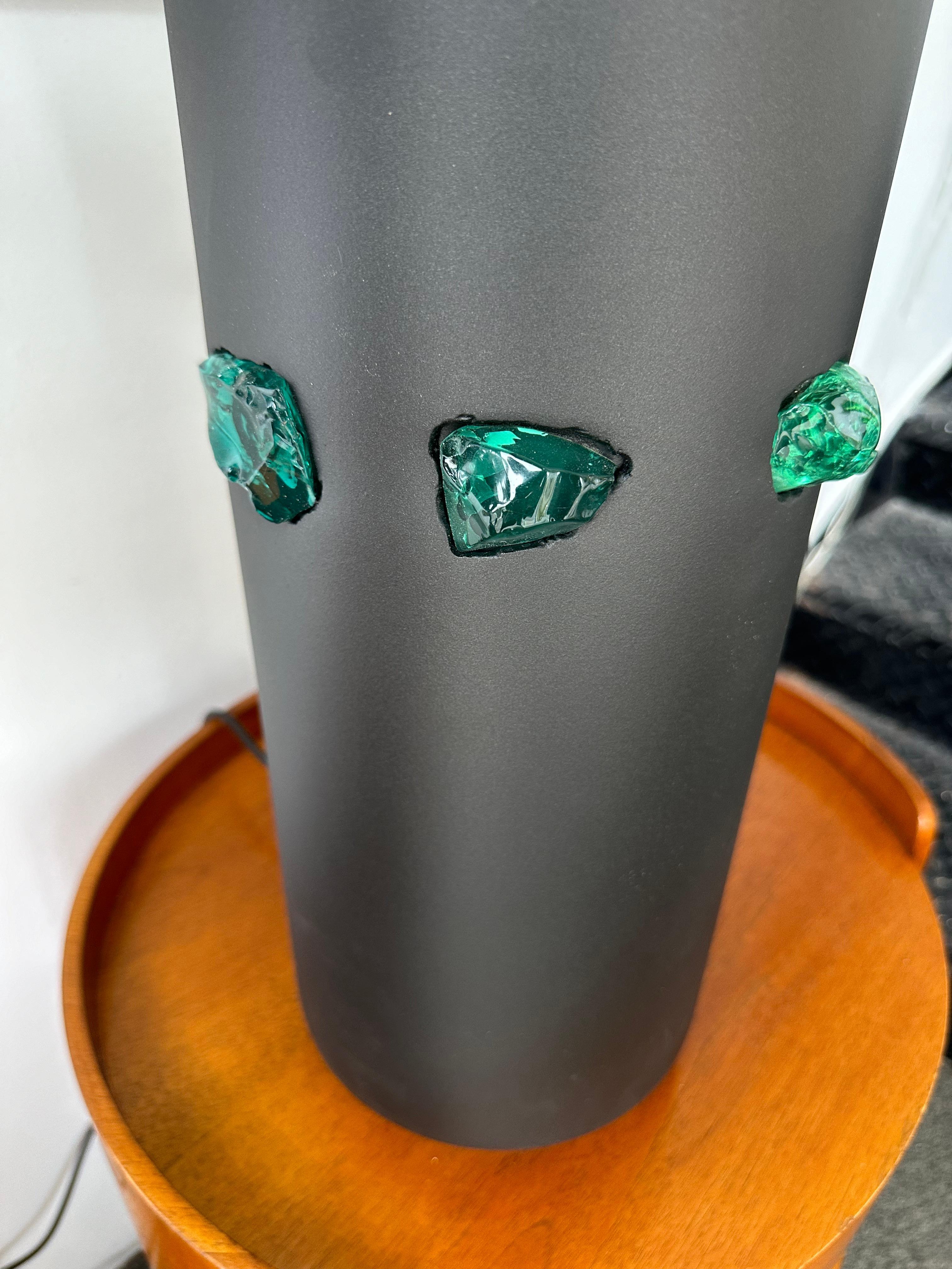 Contemporary Pair of Black Metal and Green Slag Glass Rock Lamps, Italy 5