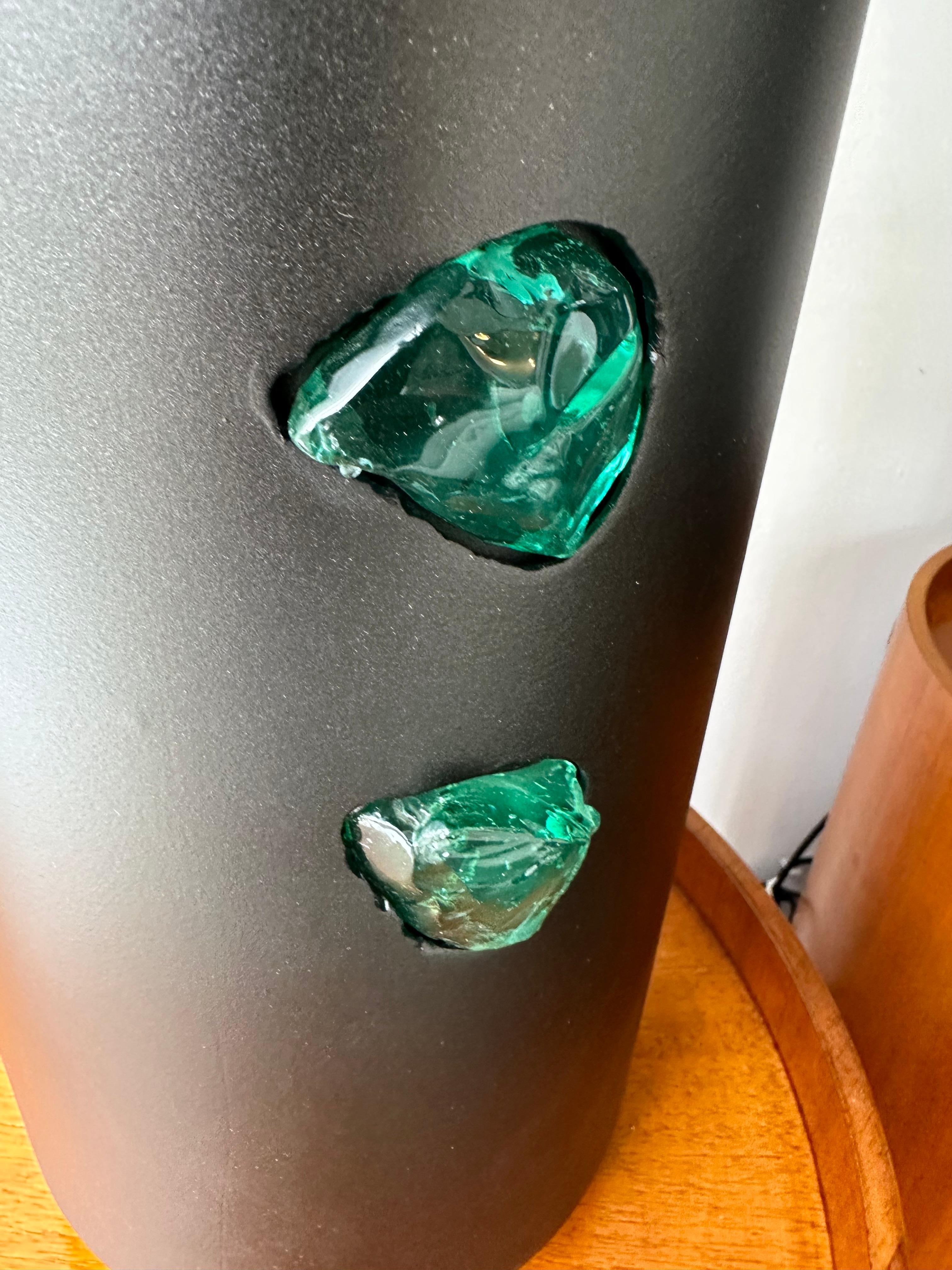 Contemporary Pair of Black Metal and Green Slag Glass Rock Lamps, Italy 6