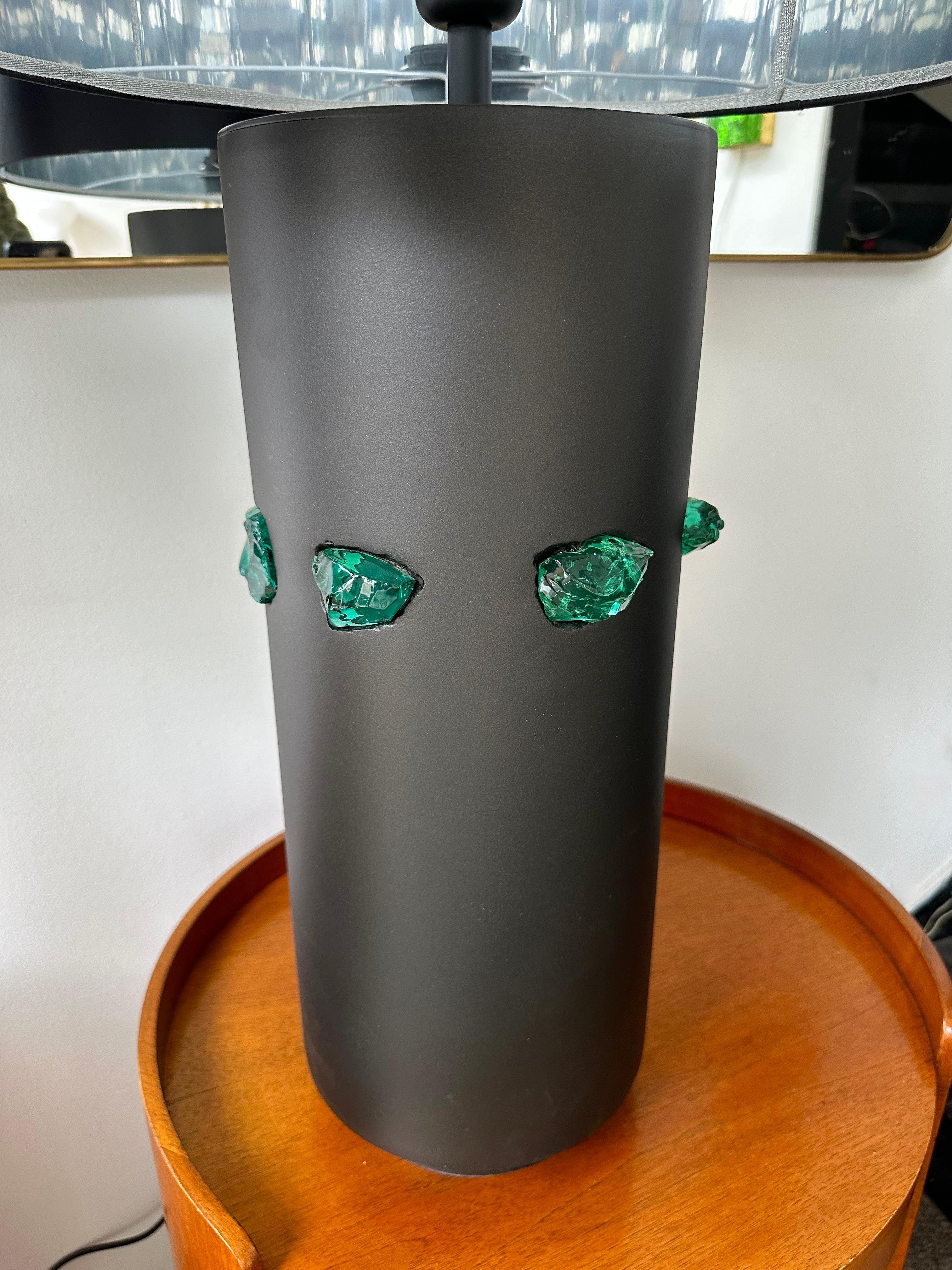 Mid-Century Modern Contemporary Pair of Black Metal and Green Slag Glass Rock Lamps, Italy