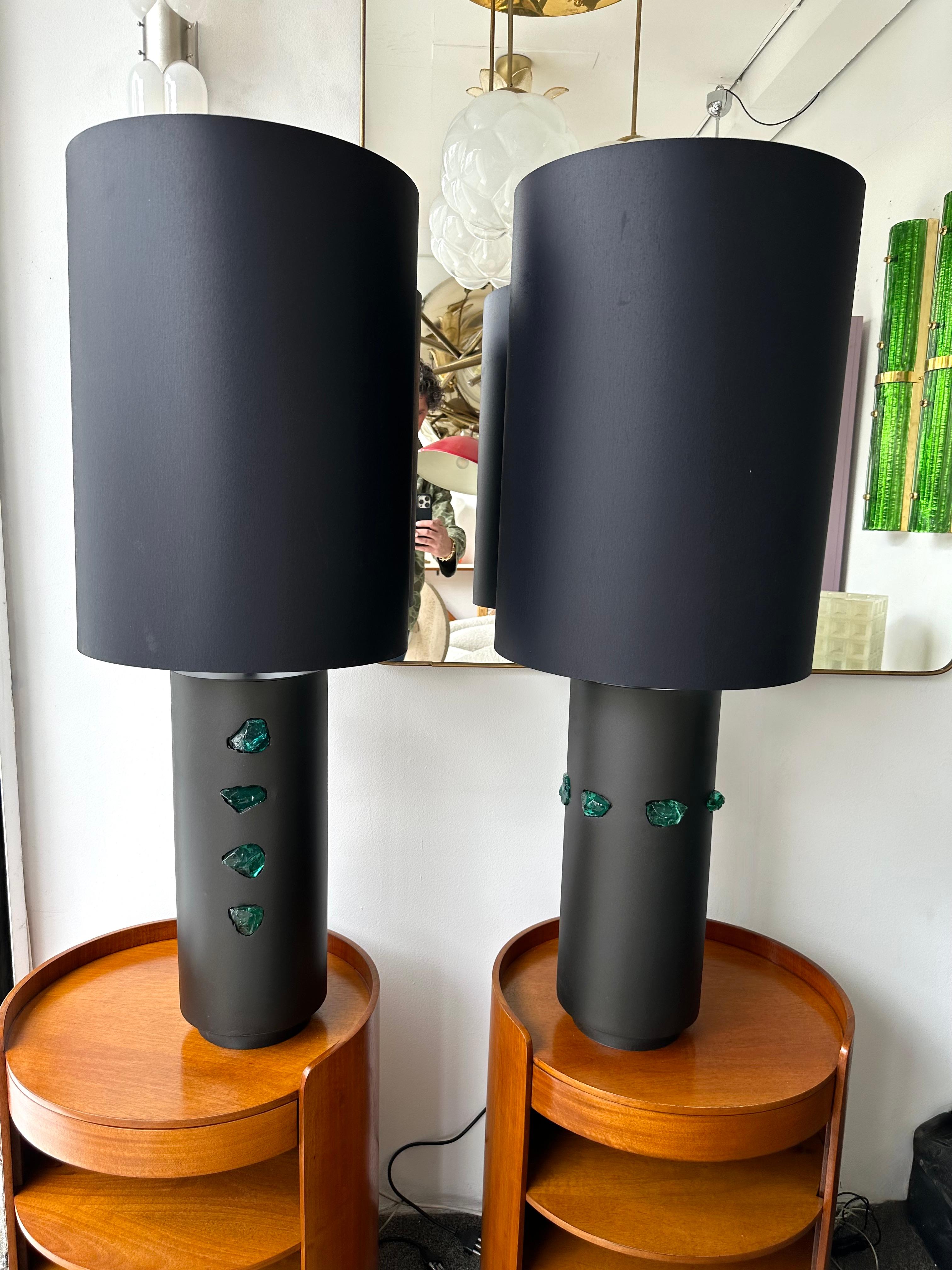 Italian Contemporary Pair of Black Metal and Green Slag Glass Rock Lamps, Italy