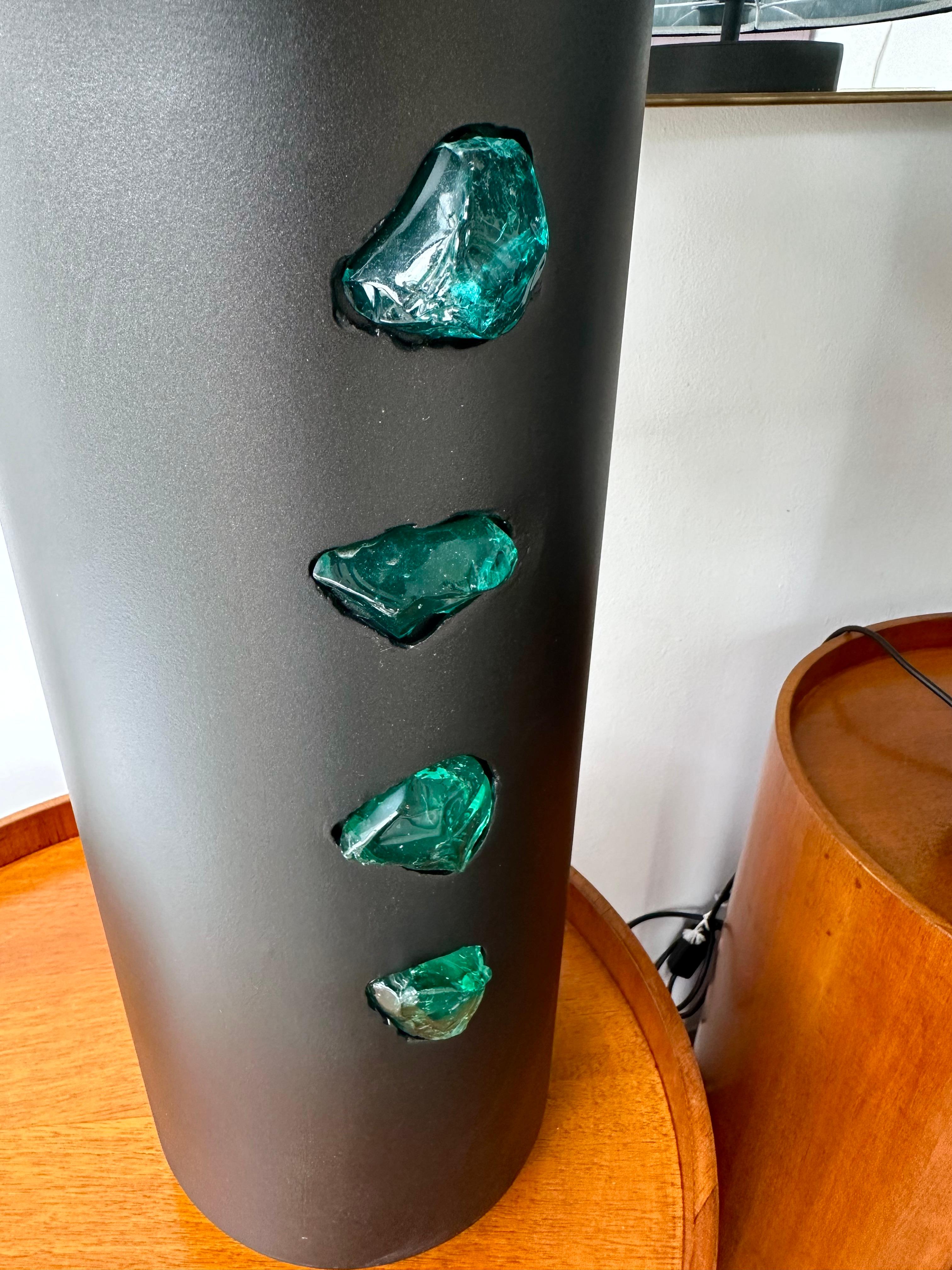 Contemporary Pair of Black Metal and Green Slag Glass Rock Lamps, Italy In Good Condition In SAINT-OUEN, FR