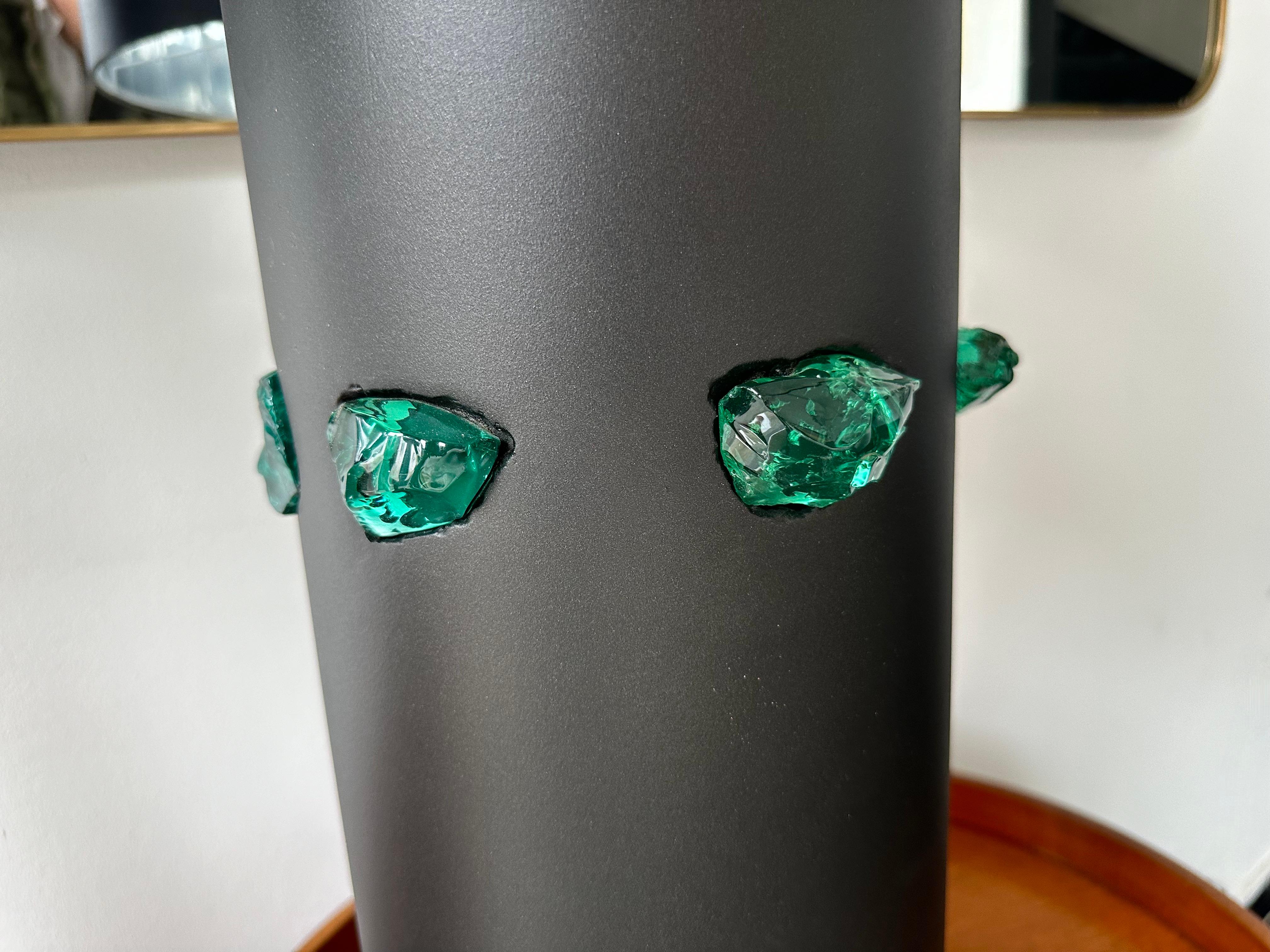 Contemporary Pair of Black Metal and Green Slag Glass Rock Lamps, Italy 1
