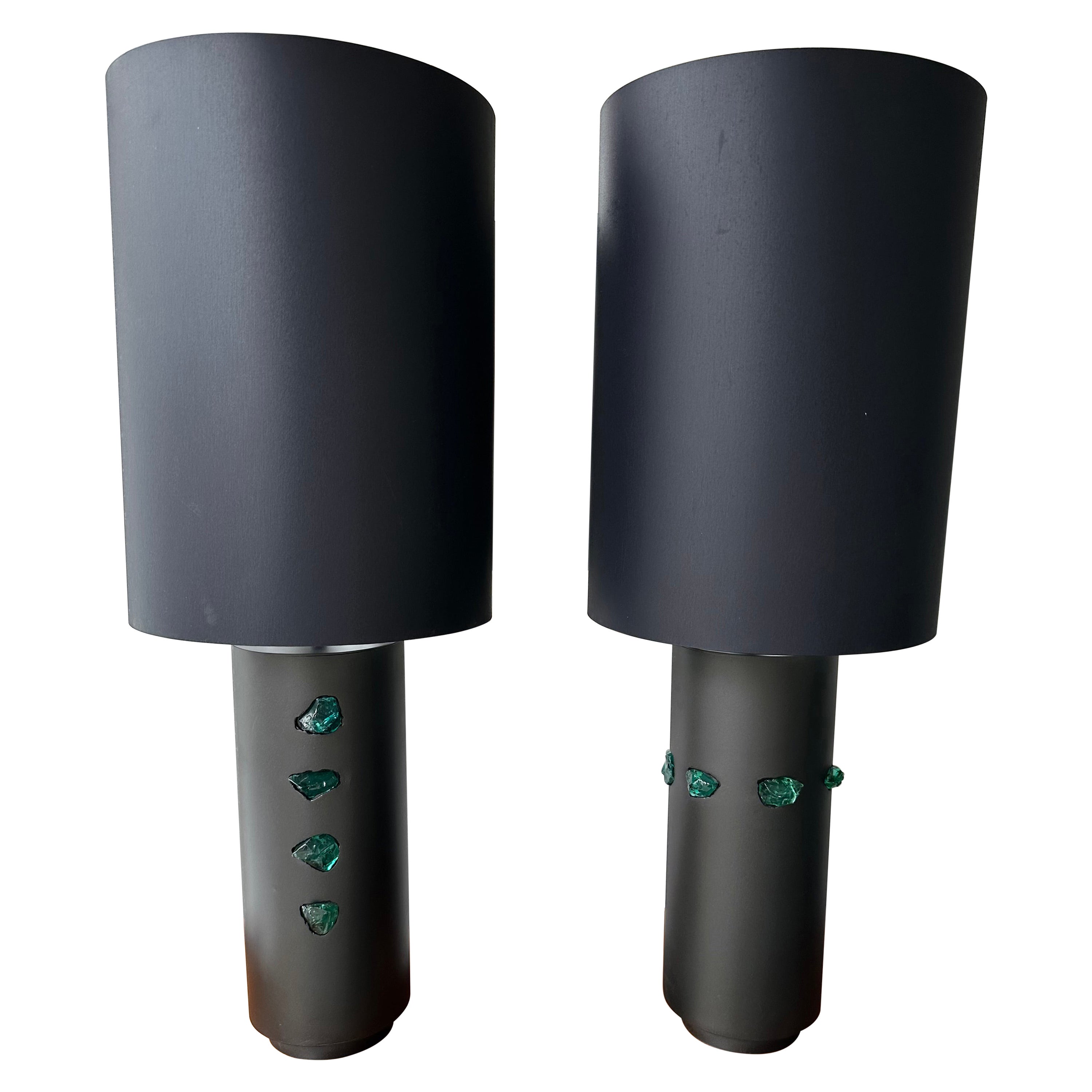 Contemporary Pair of Black Metal and Green Slag Glass Rock Lamps, Italy
