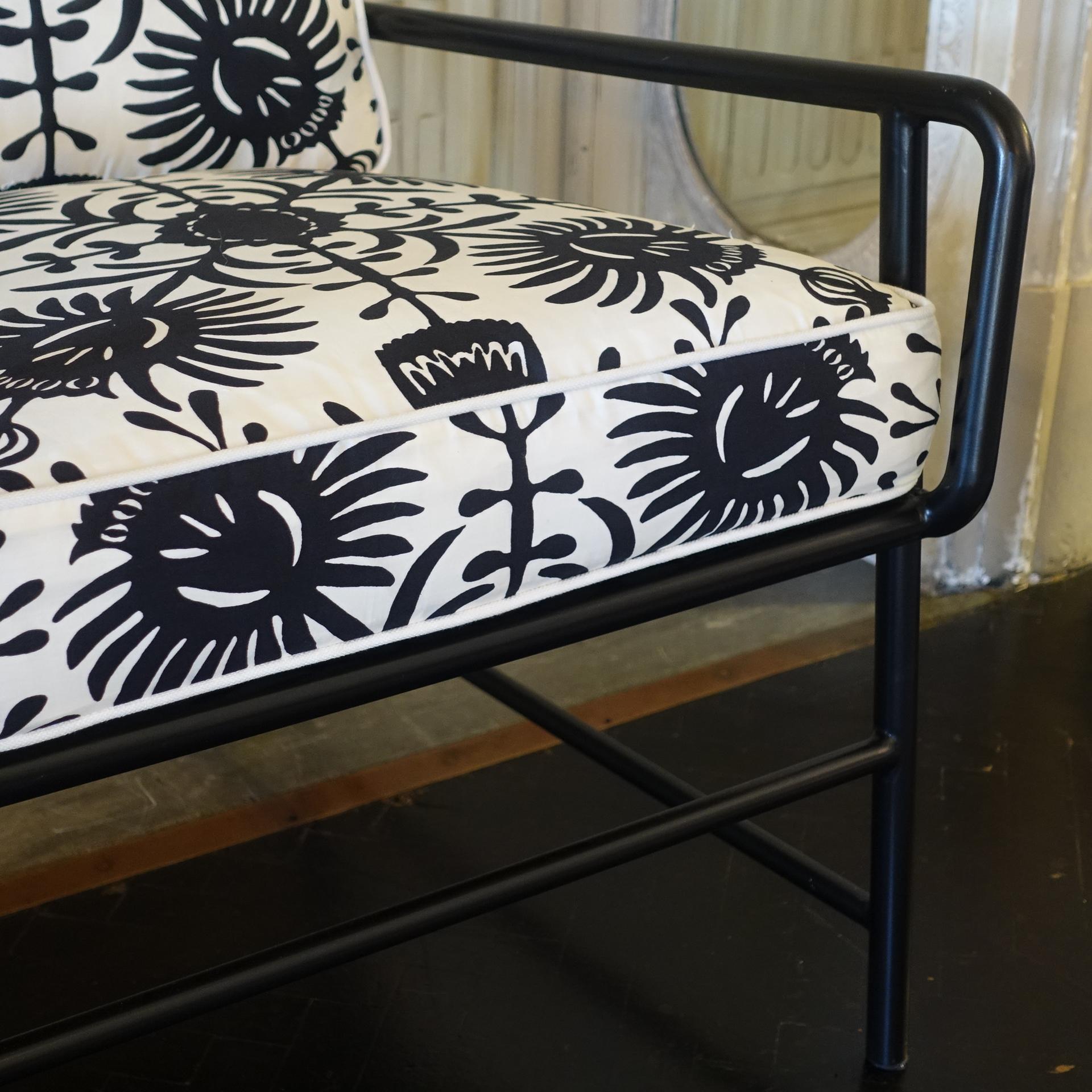 Contemporary Pair of Black Metal Armchairs and Black and White Printed Fabric 5