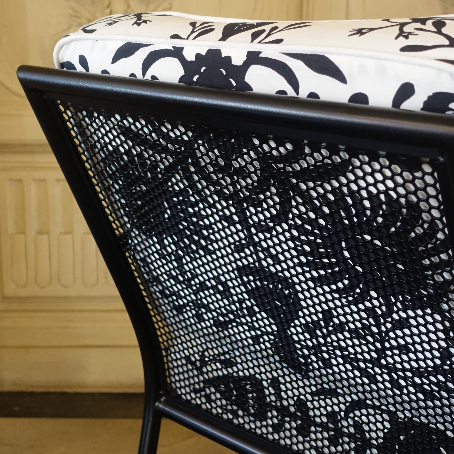 Contemporary Pair of Black Metal Armchairs and Black and White Printed Fabric 8