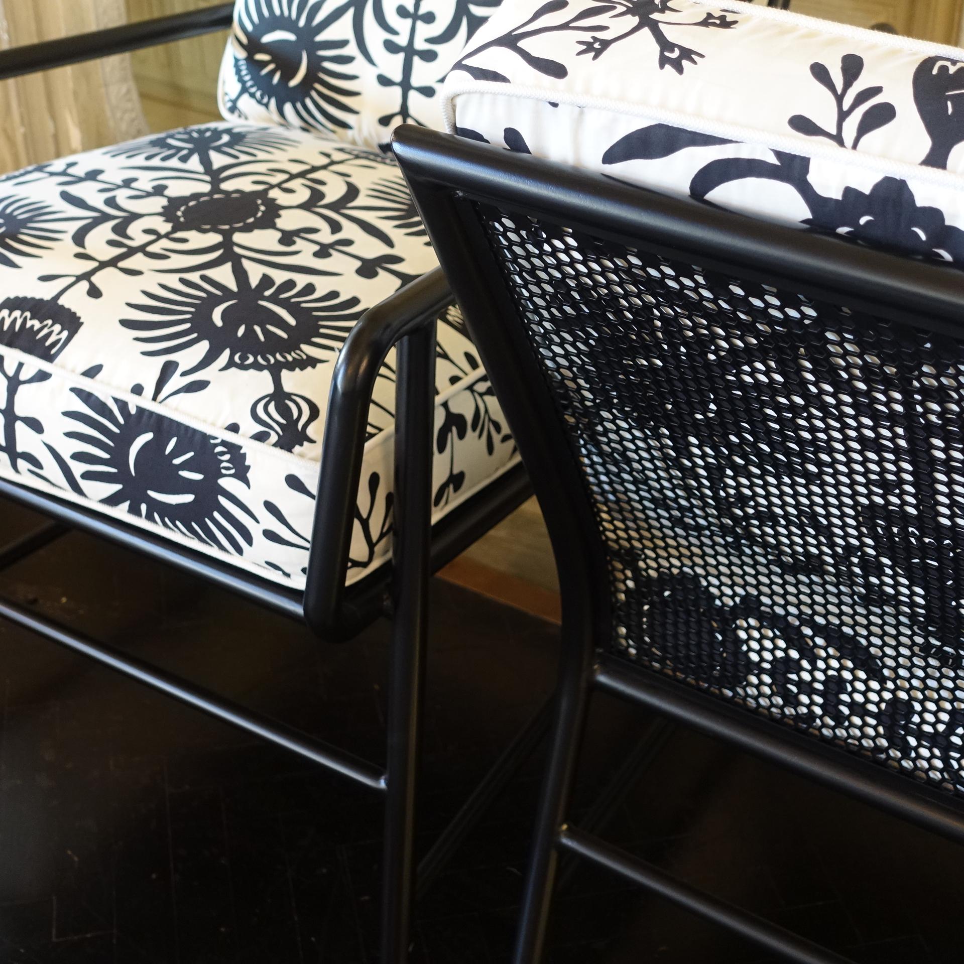 Contemporary Pair of Black Metal Armchairs and Black and White Printed Fabric 4