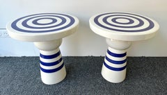 Contemporary Pair of Blue and White Ceramic Stripe Side Tables. Italy